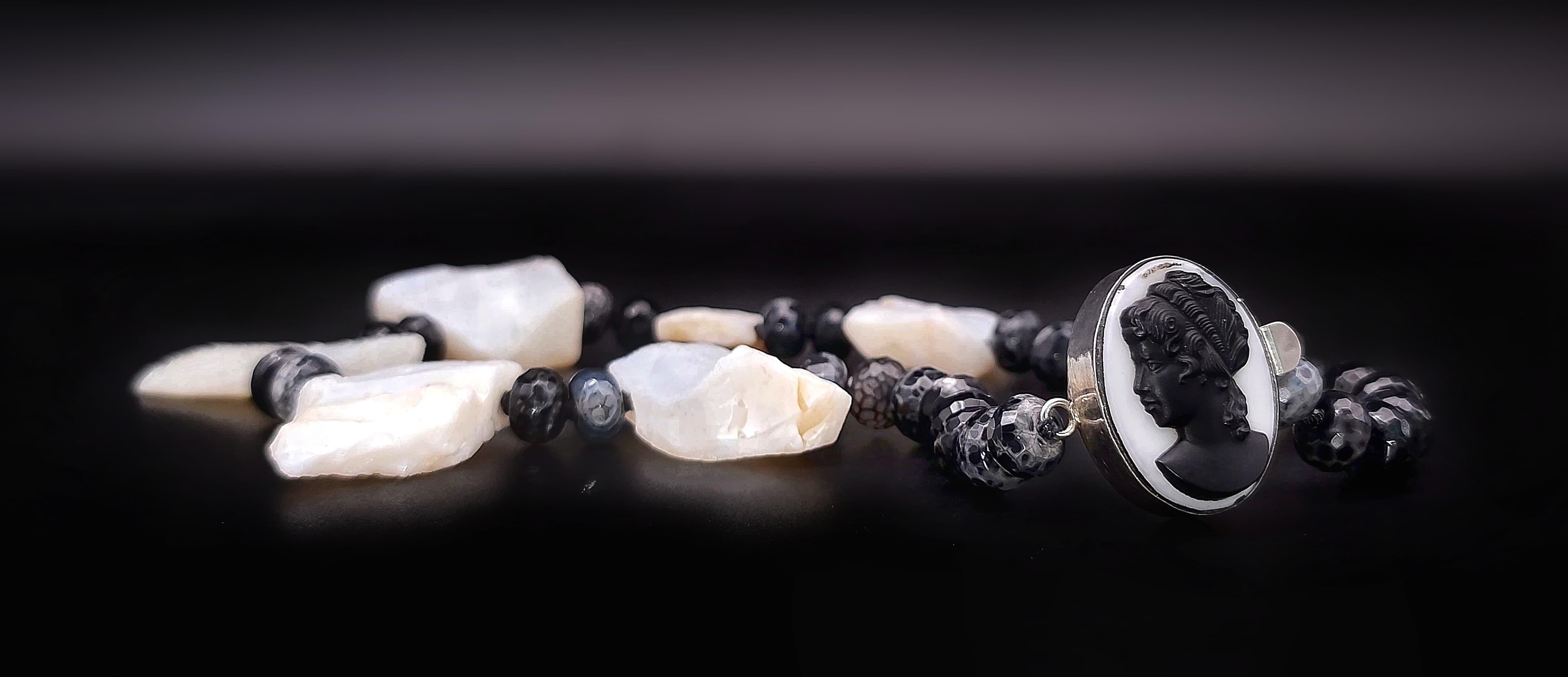 Mixed Cut A.Jeschel Rough White Opal bold necklace with a Vintage cameo. For Sale