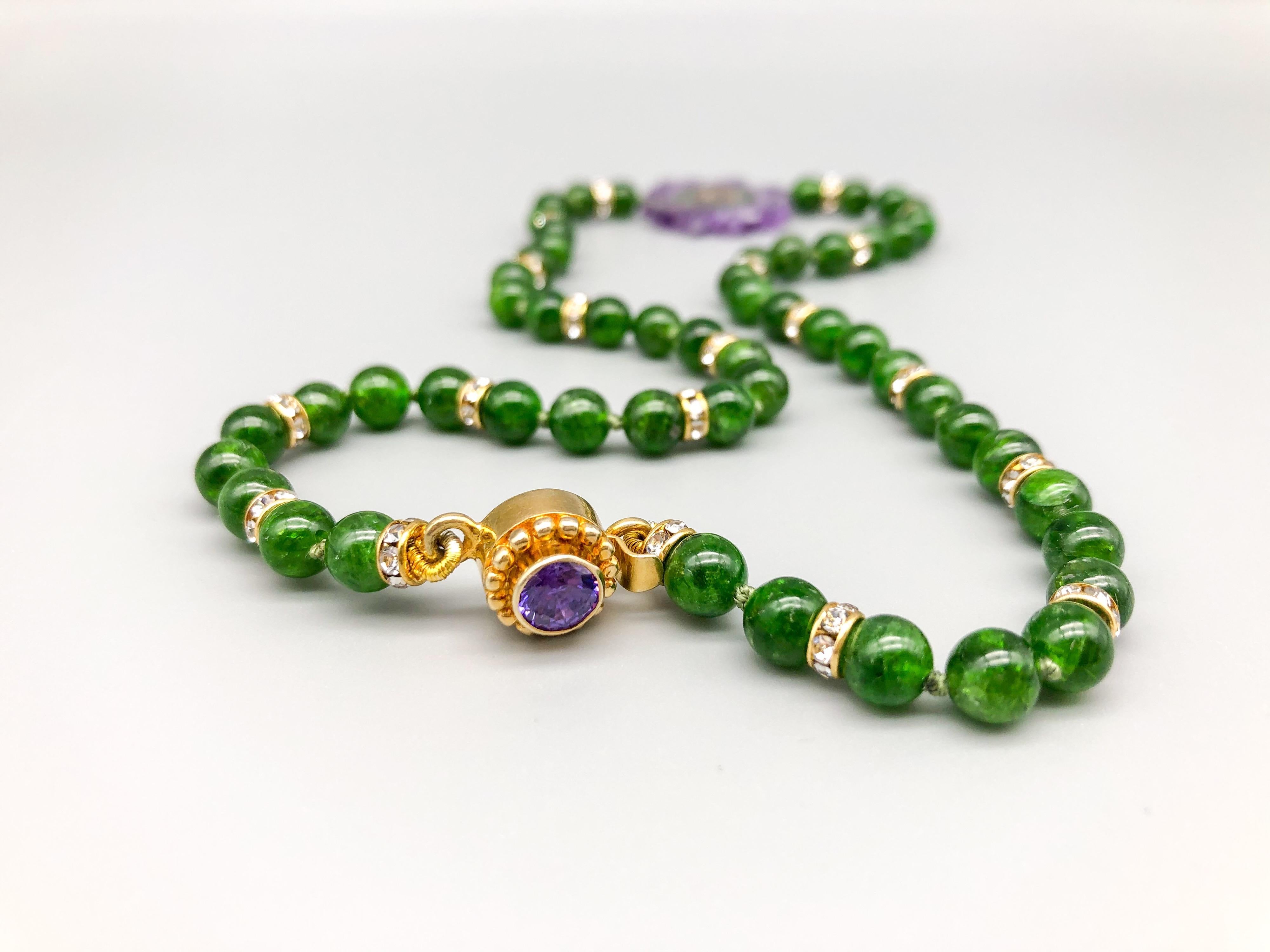 Contemporary A.Jeschel Chrome Diopside beads with an Amethyst Stalactite Pendant. For Sale