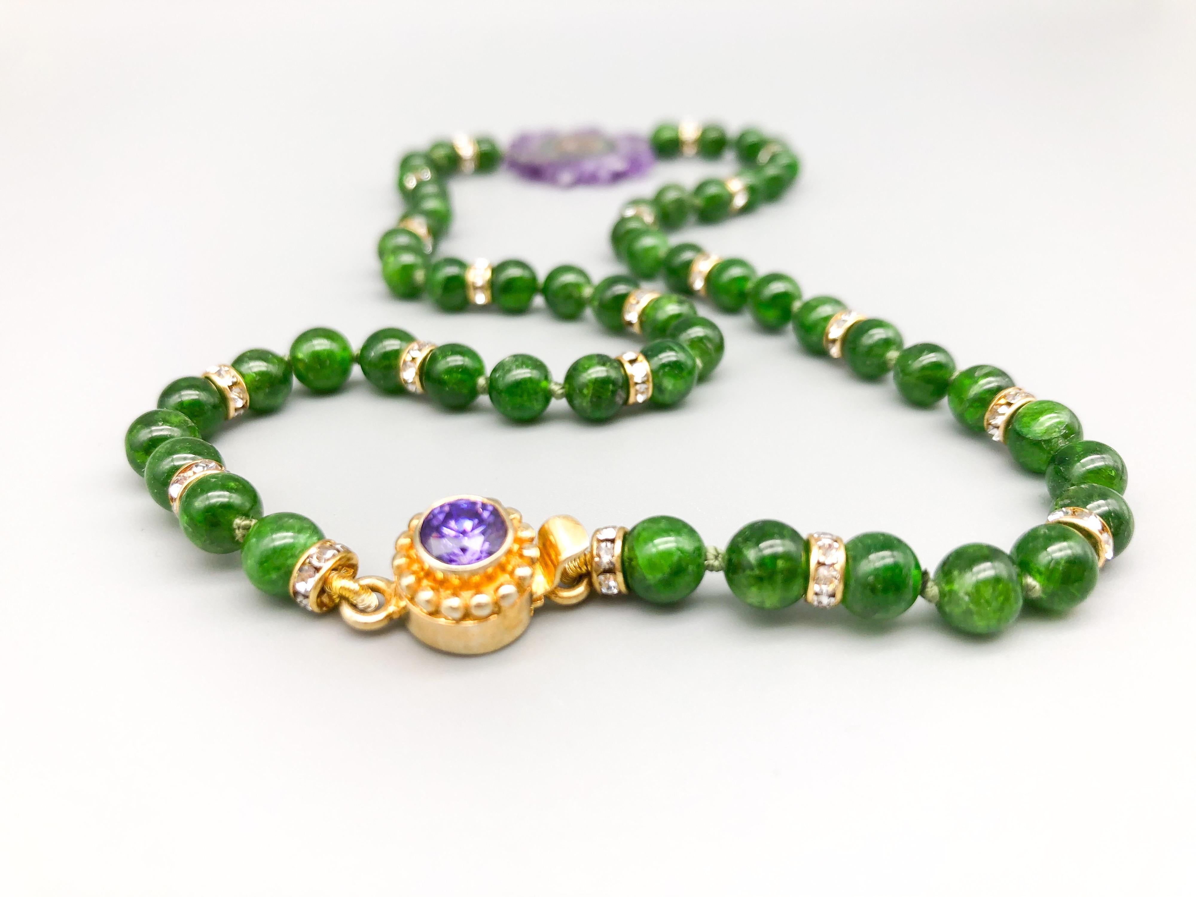 Mixed Cut A.Jeschel Chrome Diopside beads with an Amethyst Stalactite Pendant. For Sale