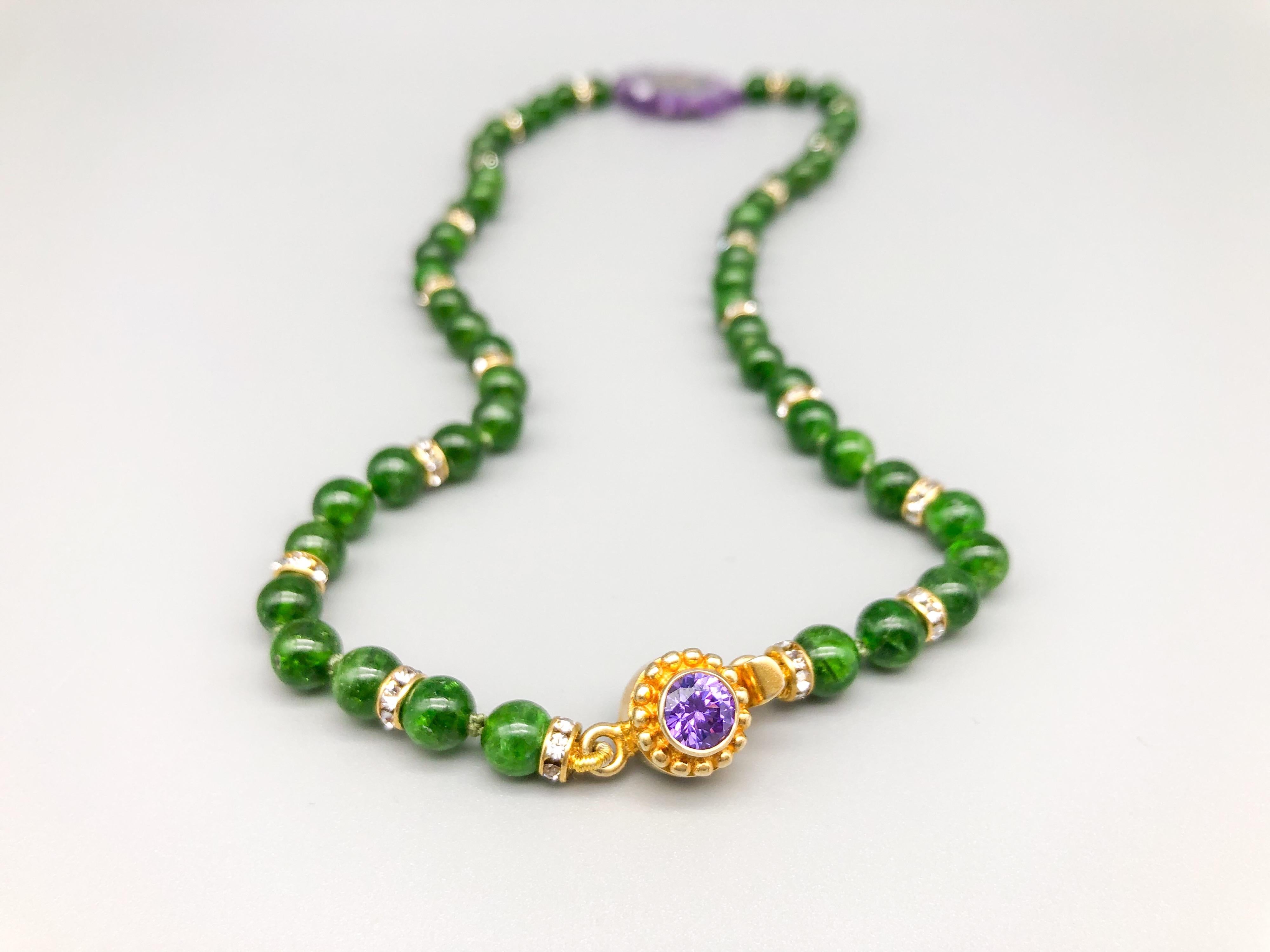 Women's or Men's A.Jeschel Chrome Diopside beads with an Amethyst Stalactite Pendant. For Sale