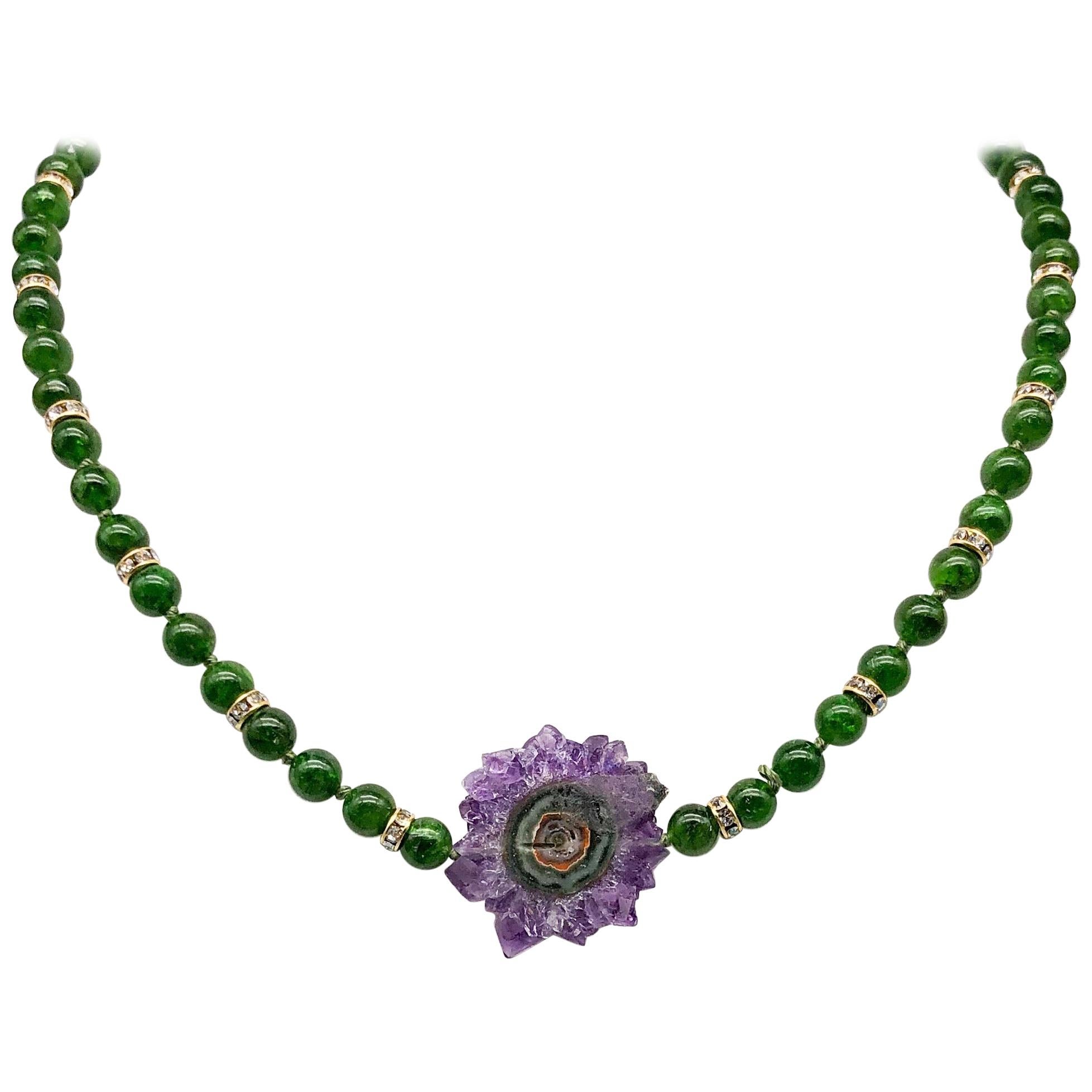 A.Jeschel Chrome Diopside beads with an Amethyst Stalactite Pendant. For Sale