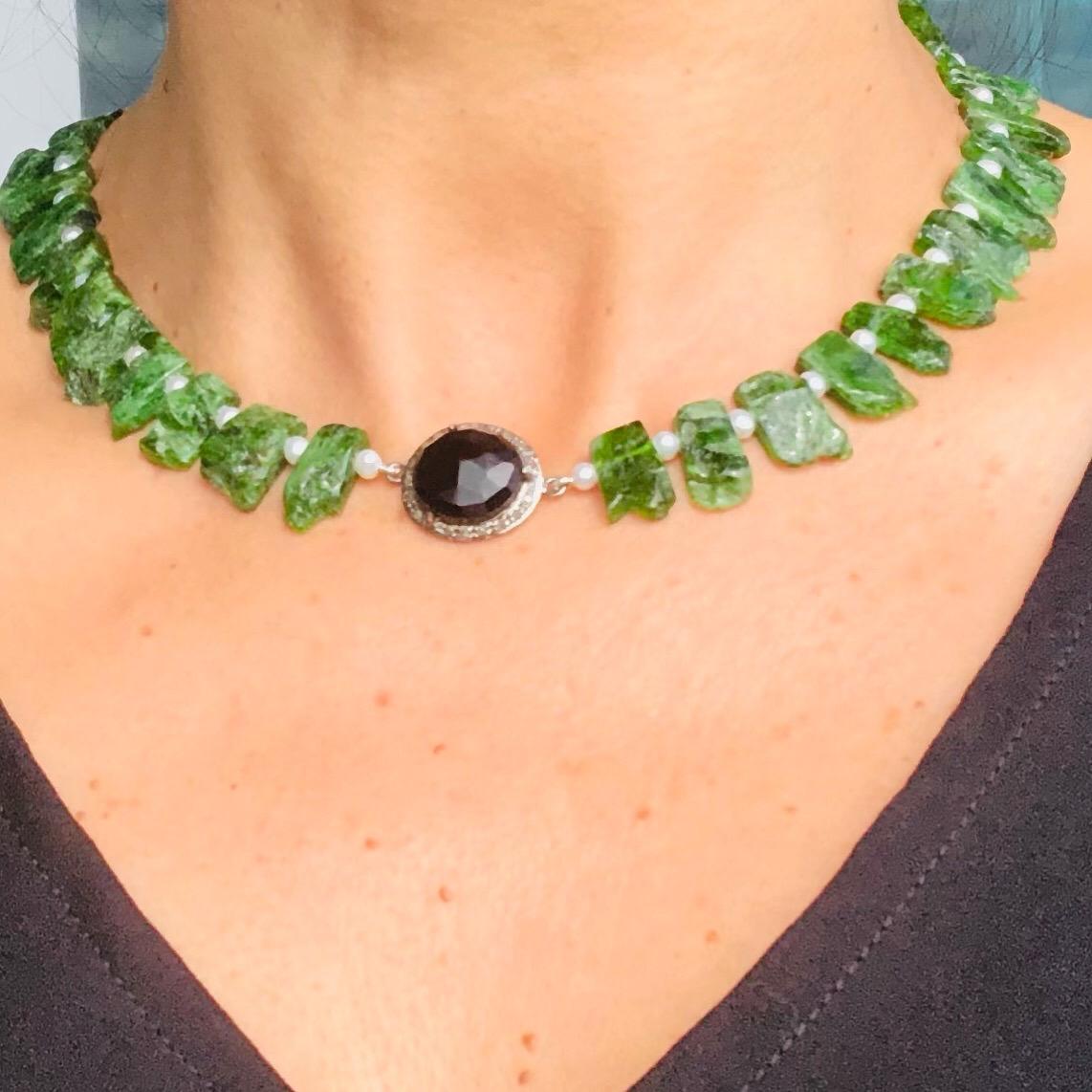 Mixed Cut A.Jeschel Diopside single strand necklace with Onyx and Diamonds. For Sale