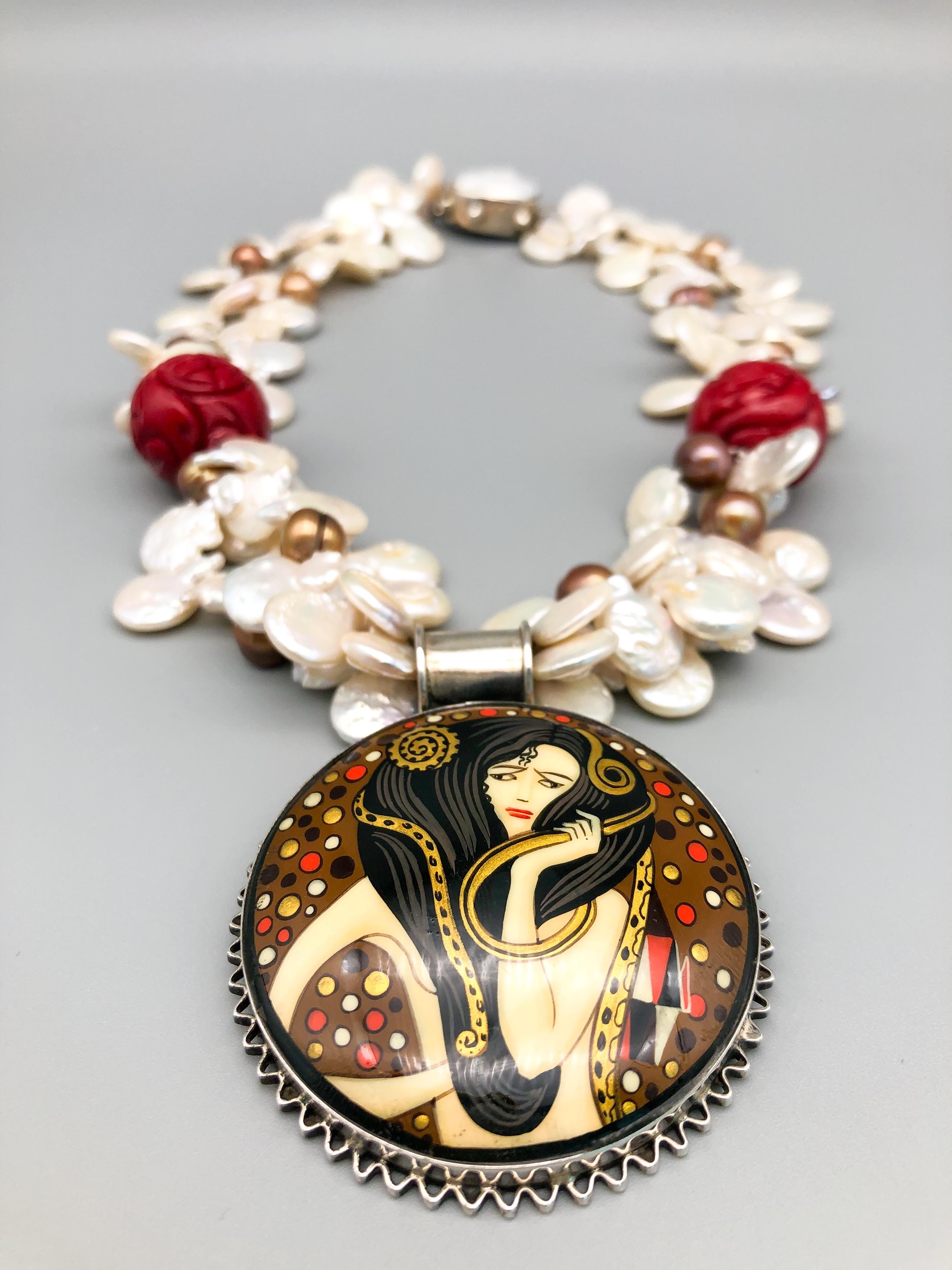 Contemporary A.Jeschel Russian miniature pendant painted in the style of Klimt