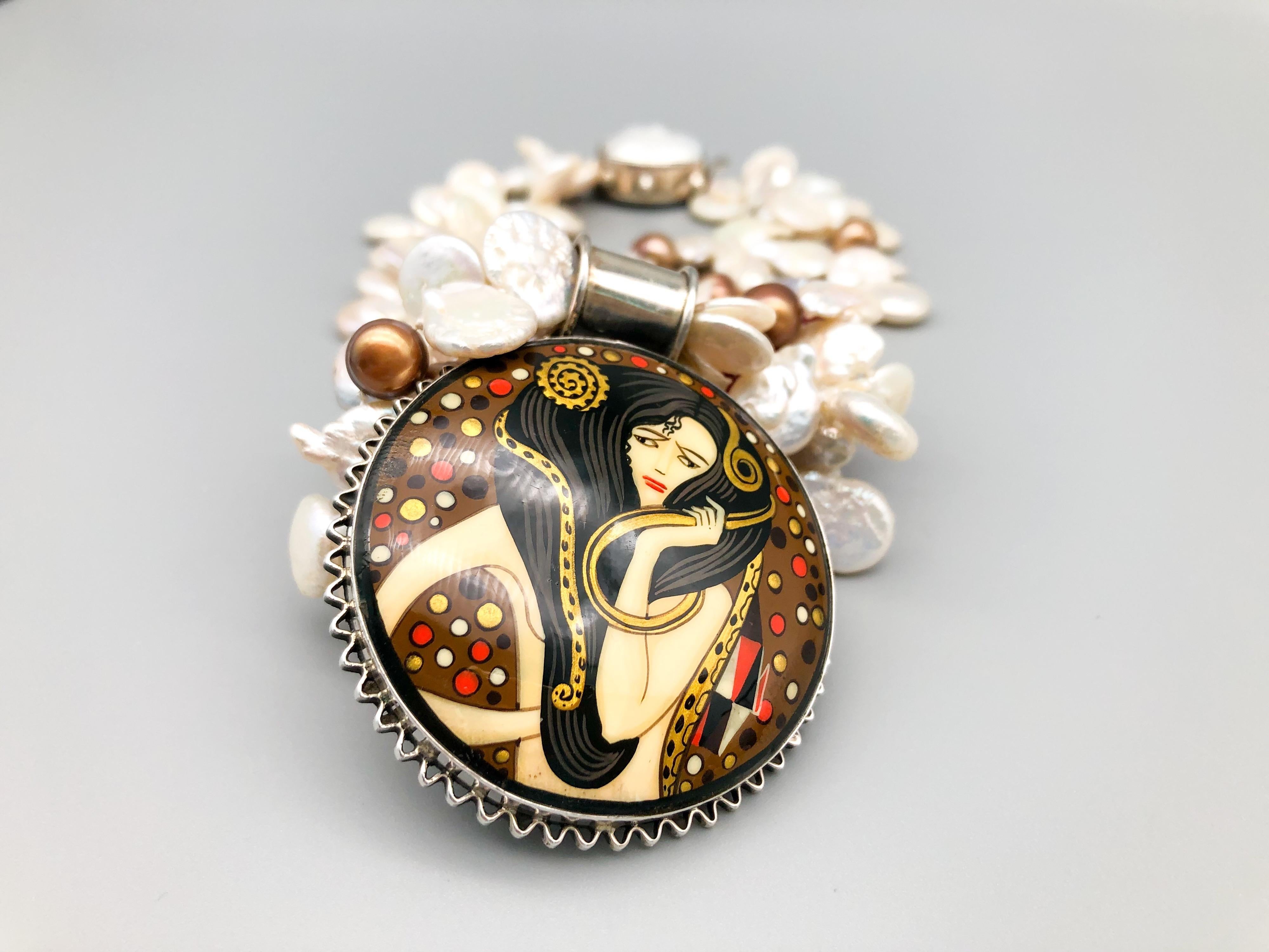 Mixed Cut A.Jeschel Russian miniature pendant painted in the style of Klimt