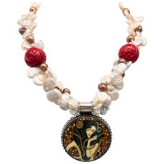 A.Jeschel Russian miniature pendant painted in the style of Klimt