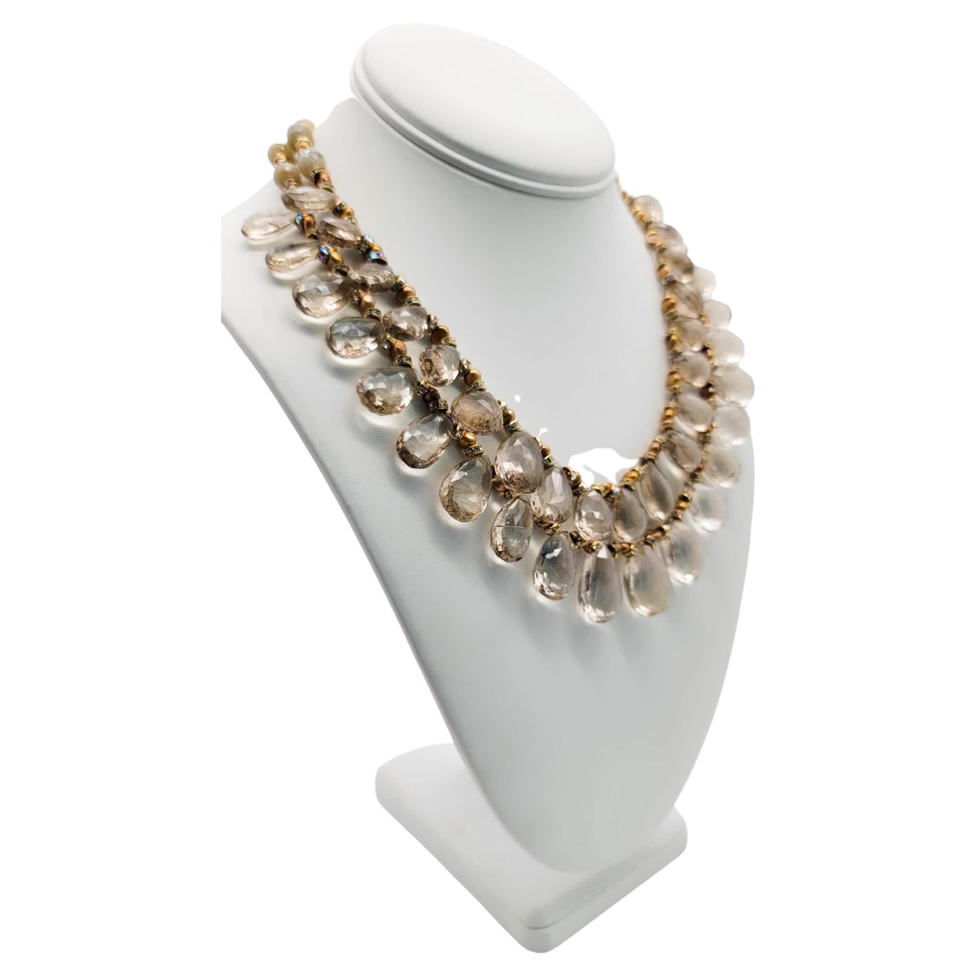 One-of-a-Kind

Rutilated quartz two-strand very sparkly necklace. Between each well-faceted Quartz teardrop, there is a spacer of vermeil inlaid with cubic zirconia and small gold pearls. The combination makes the entire necklace pop. The clasp is a