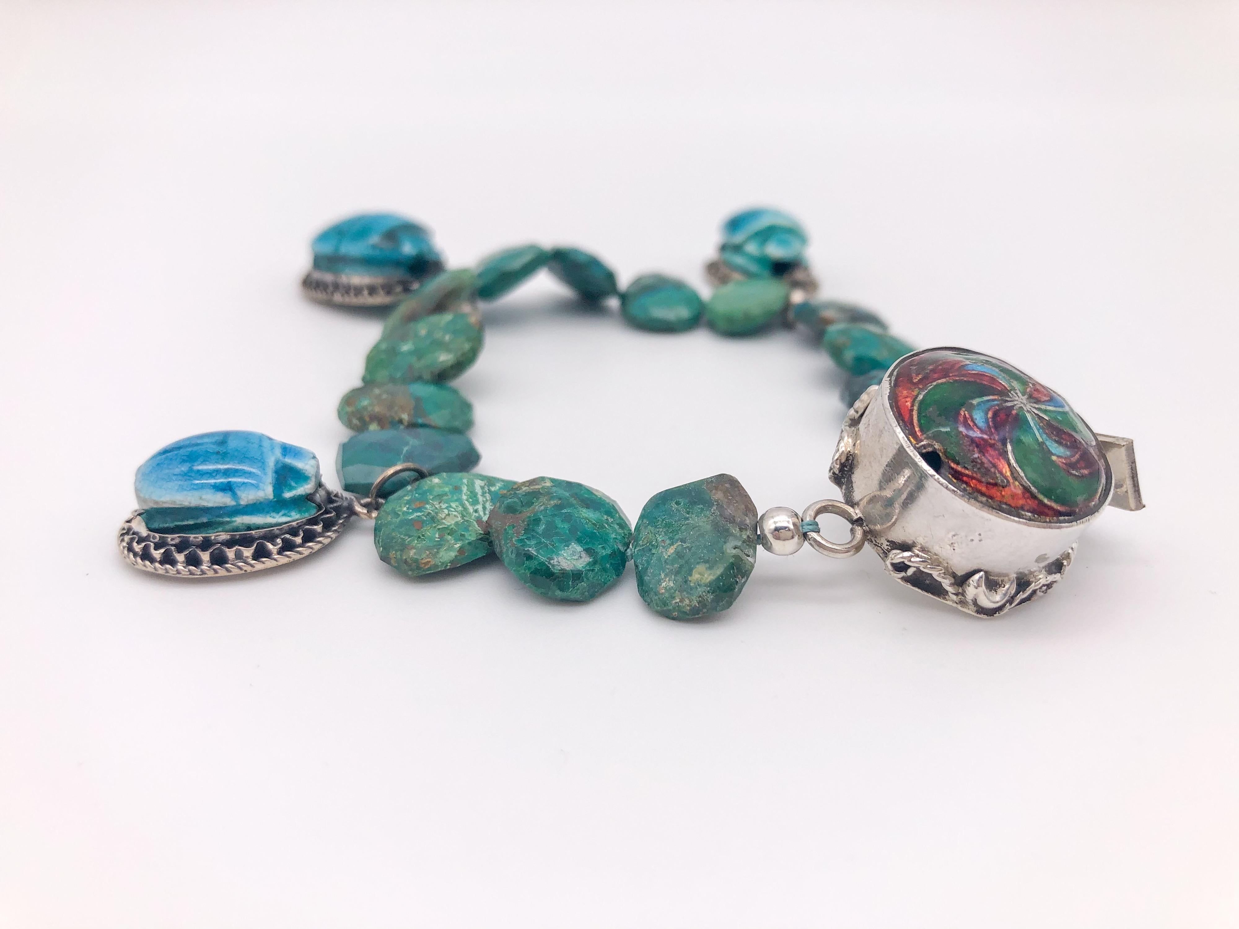Mixed Cut A.Jeschel Scarab and Chrysocolla  bracelet  For Sale