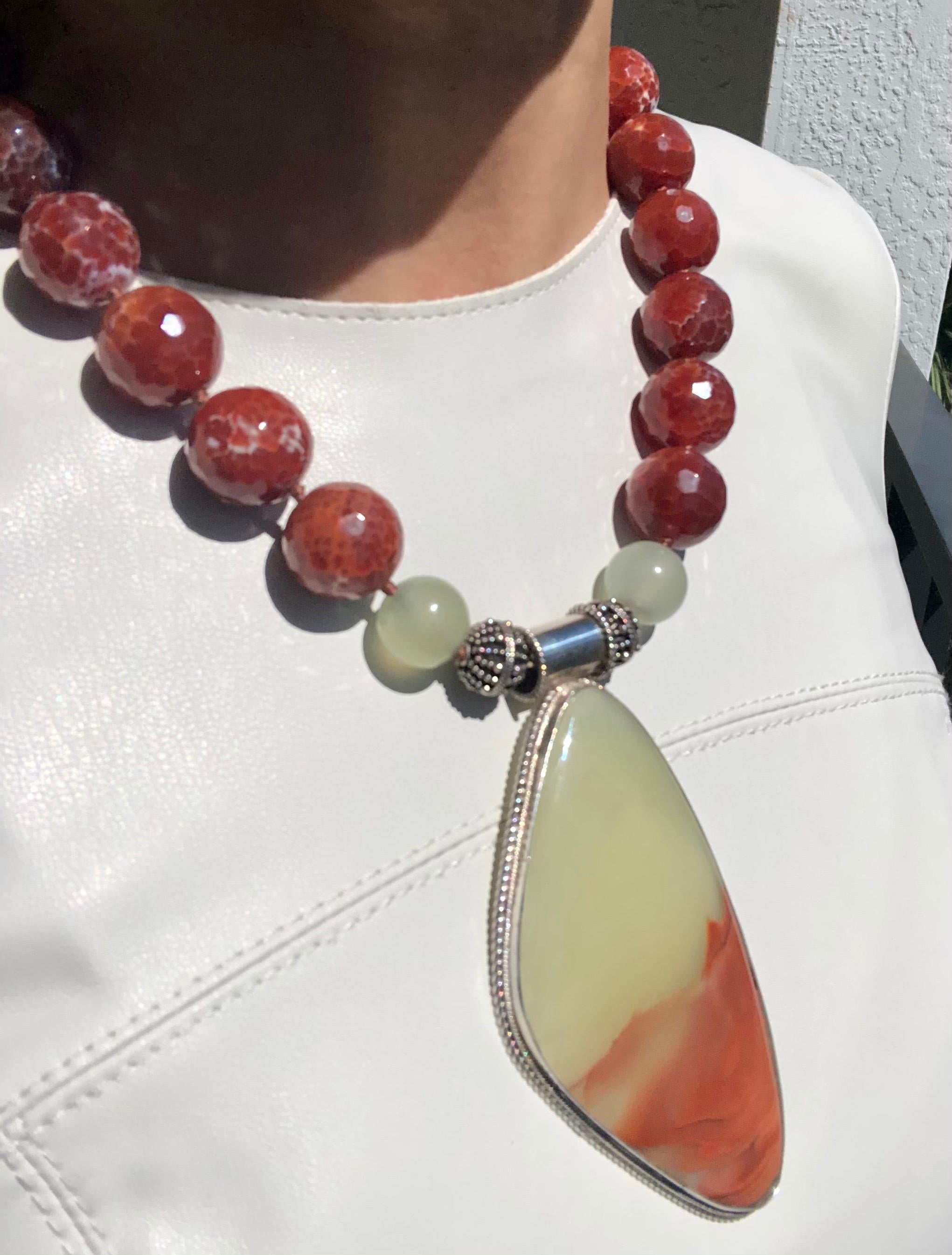 A.Jeschel Show-stopping pale green onyx  and Fire Opal necklace. For Sale 6