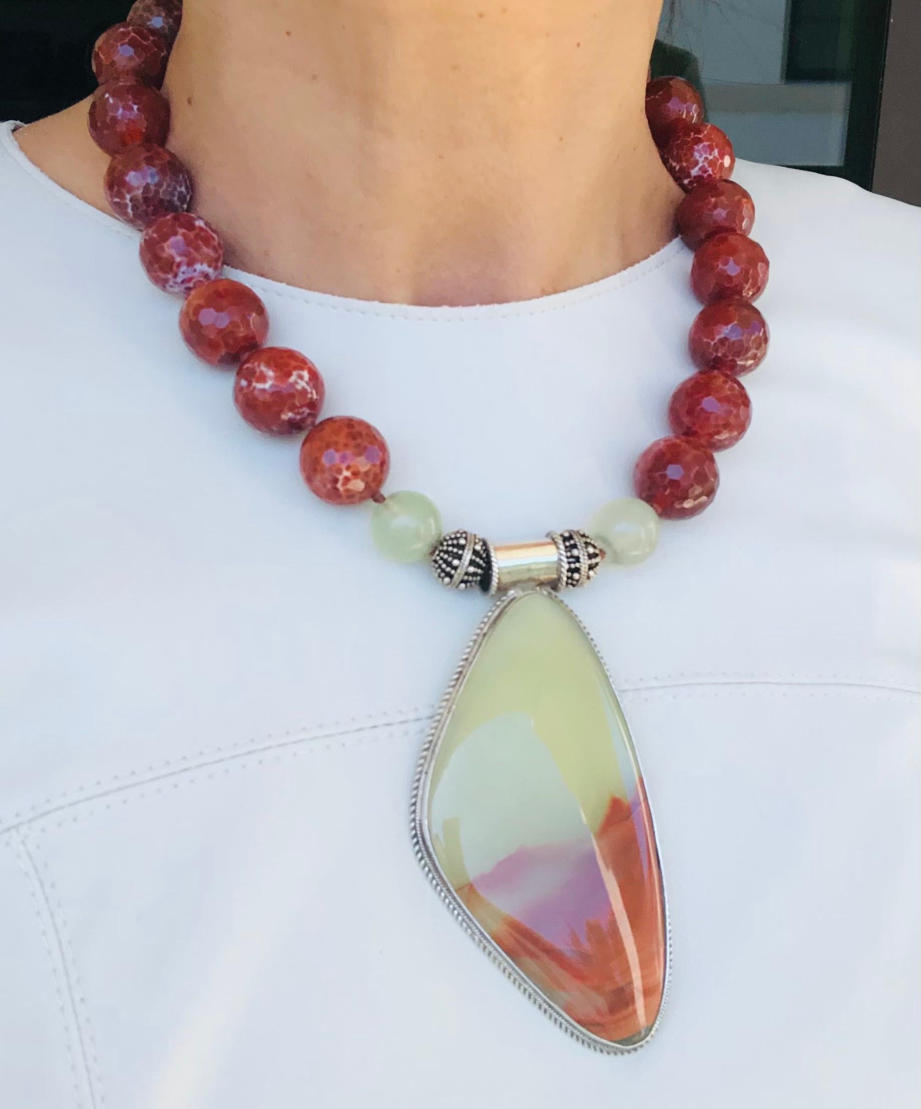Contemporary A.Jeschel Show-stopping pale green onyx  and Fire Opal necklace. For Sale