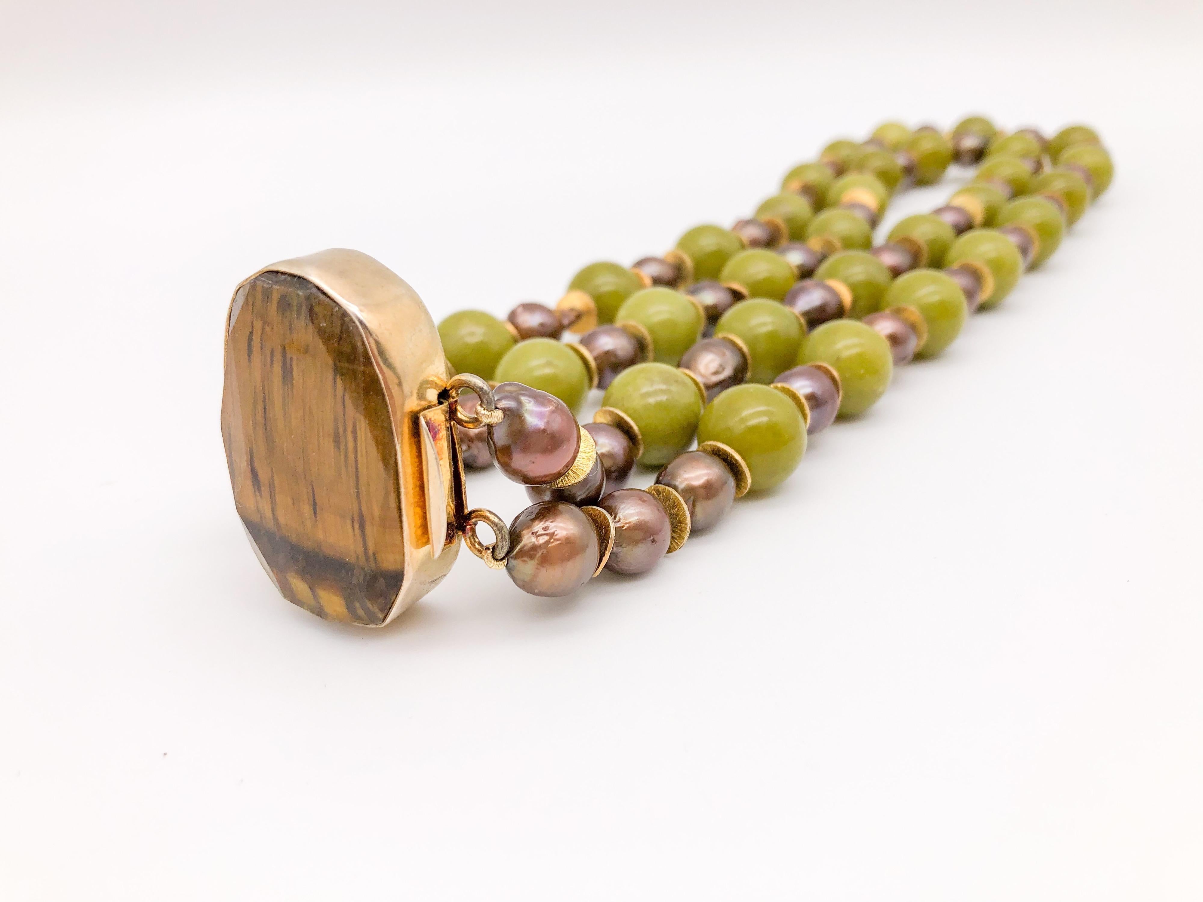 A.Jeschel Signature Tiger's eye clasp and Olive jade Necklace 4