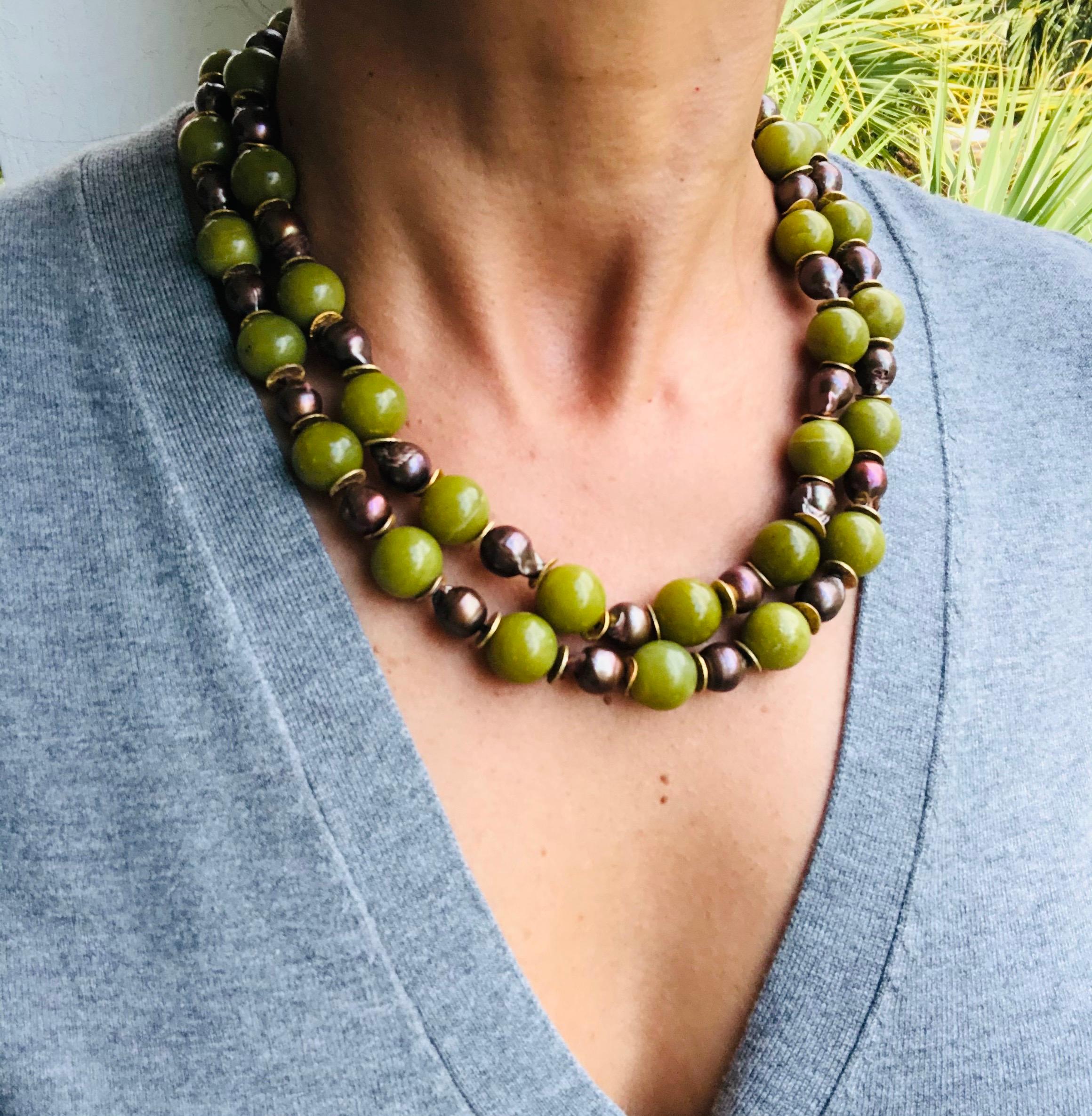A.Jeschel Signature Tiger's eye clasp and Olive jade Necklace 5