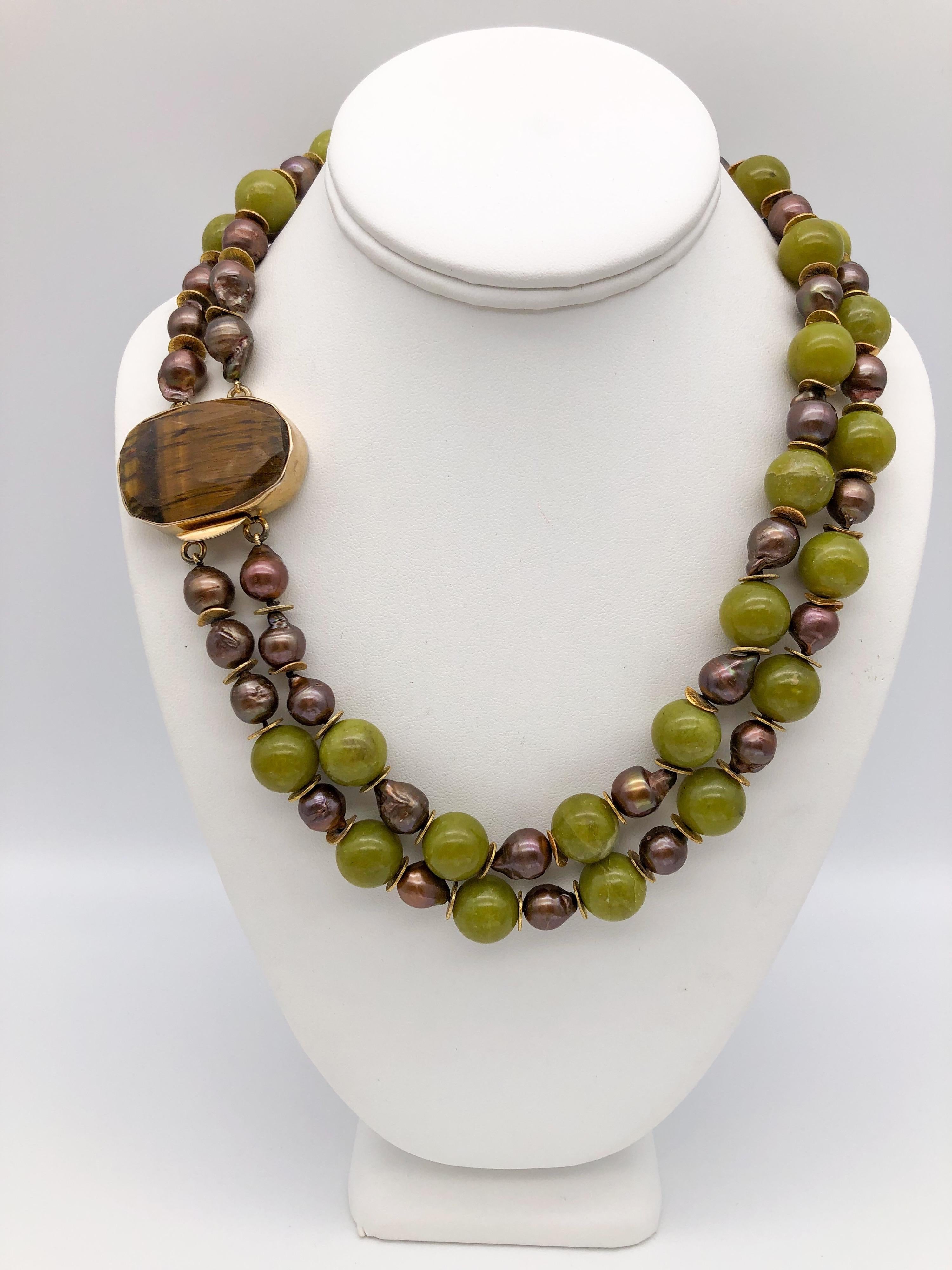 Contemporary A.Jeschel Signature Tiger's eye clasp and Olive jade Necklace