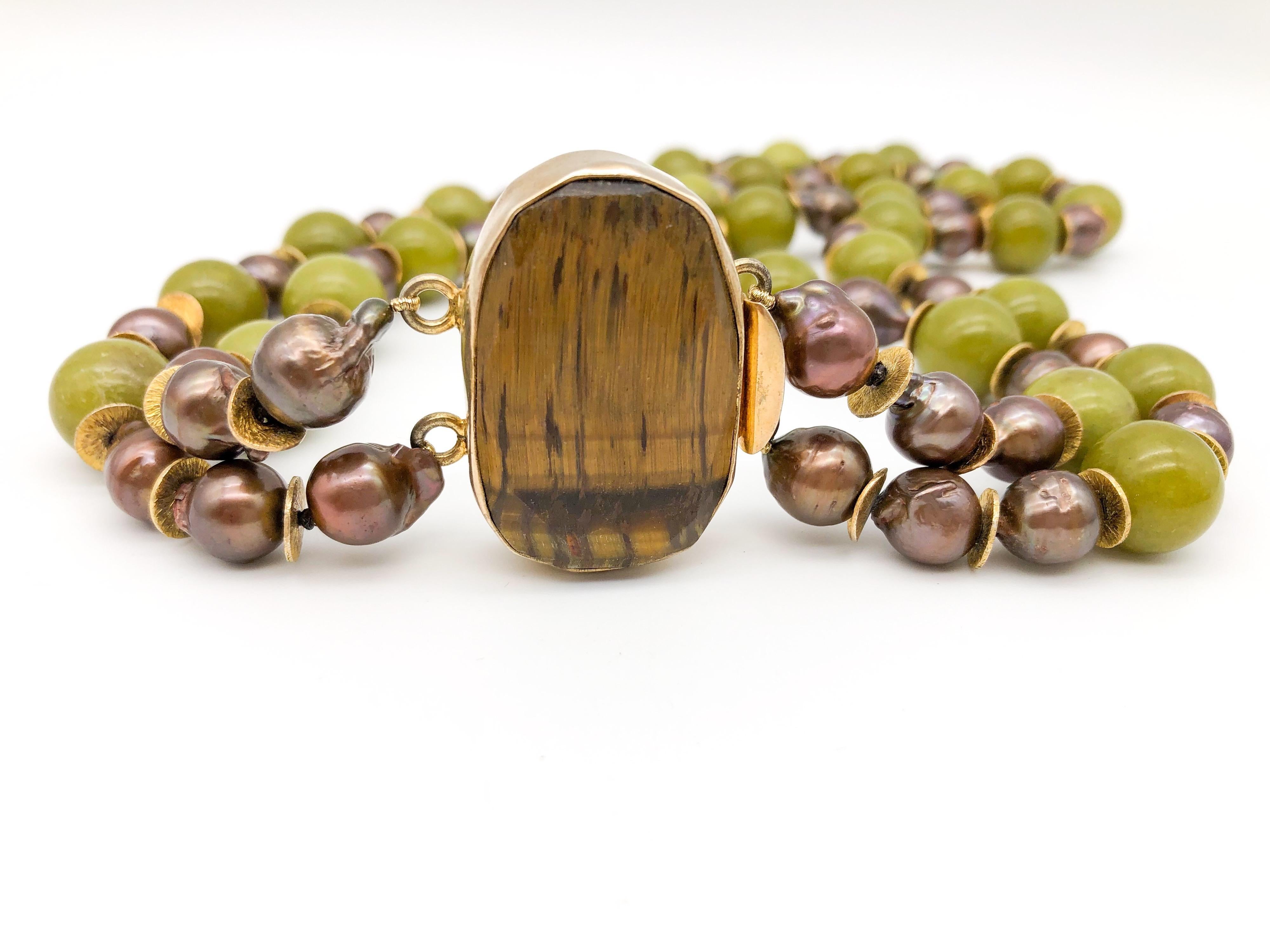 Mixed Cut A.Jeschel Signature Tiger's eye clasp and Olive jade Necklace