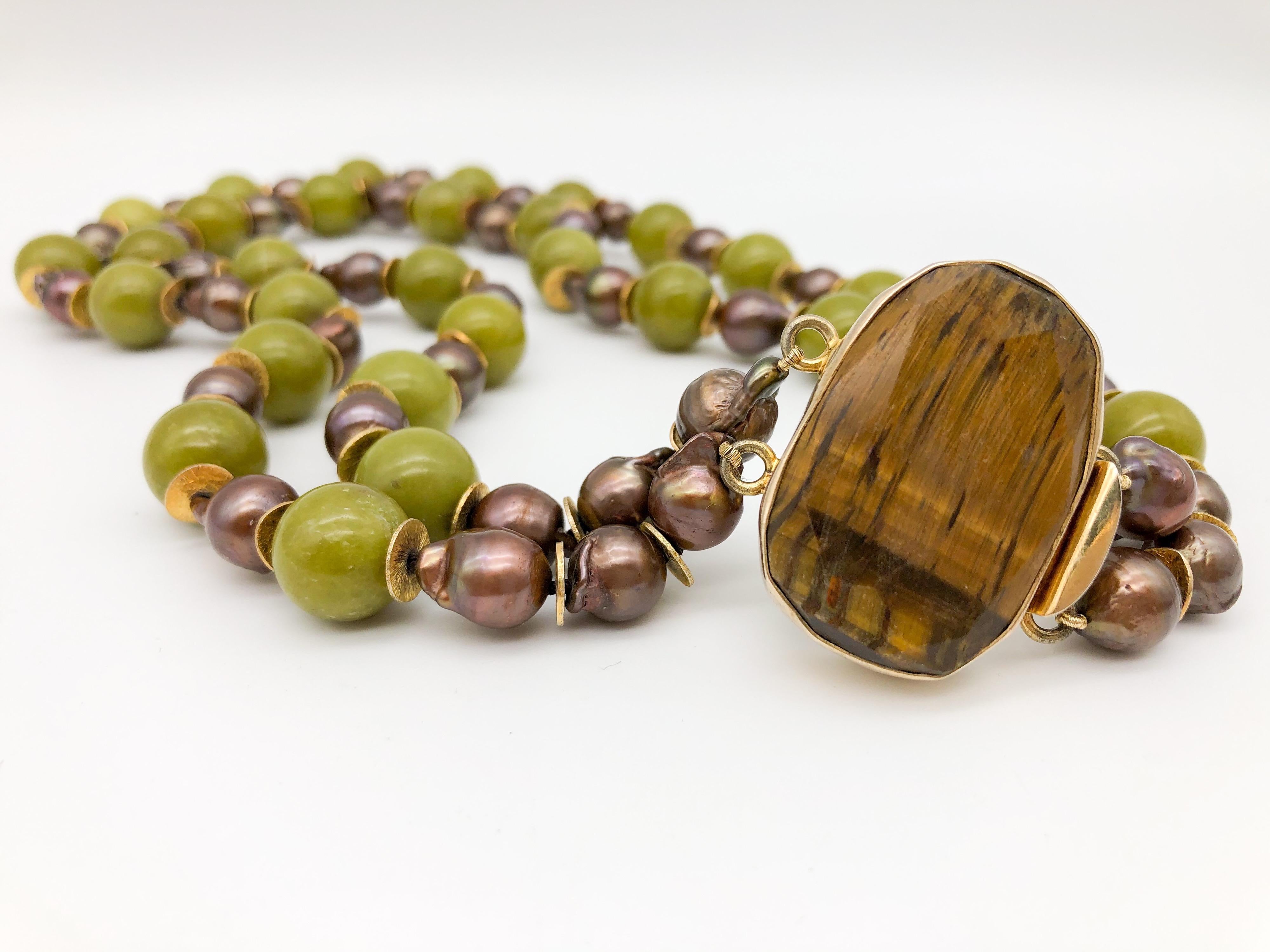 A.Jeschel Signature Tiger's eye clasp and Olive jade Necklace In New Condition In Miami, FL