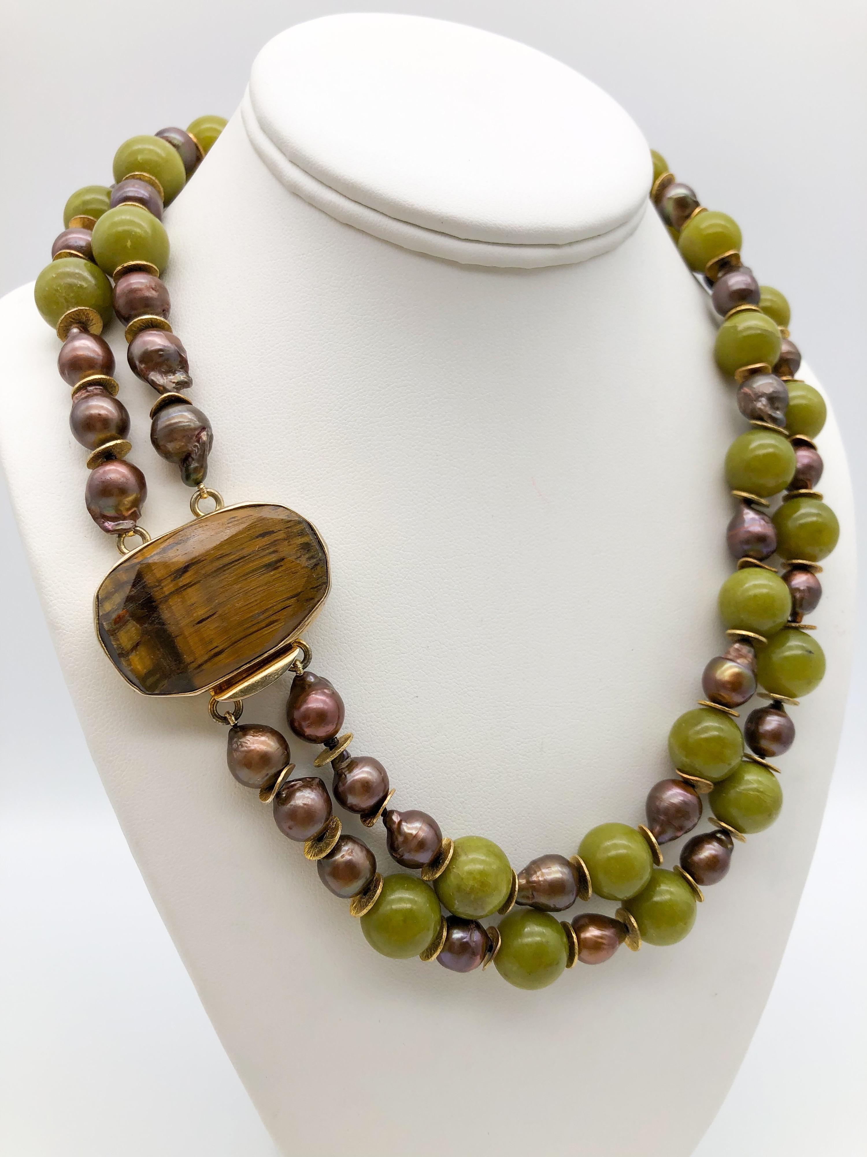 A.Jeschel Signature Tiger's eye clasp and Olive jade Necklace 1