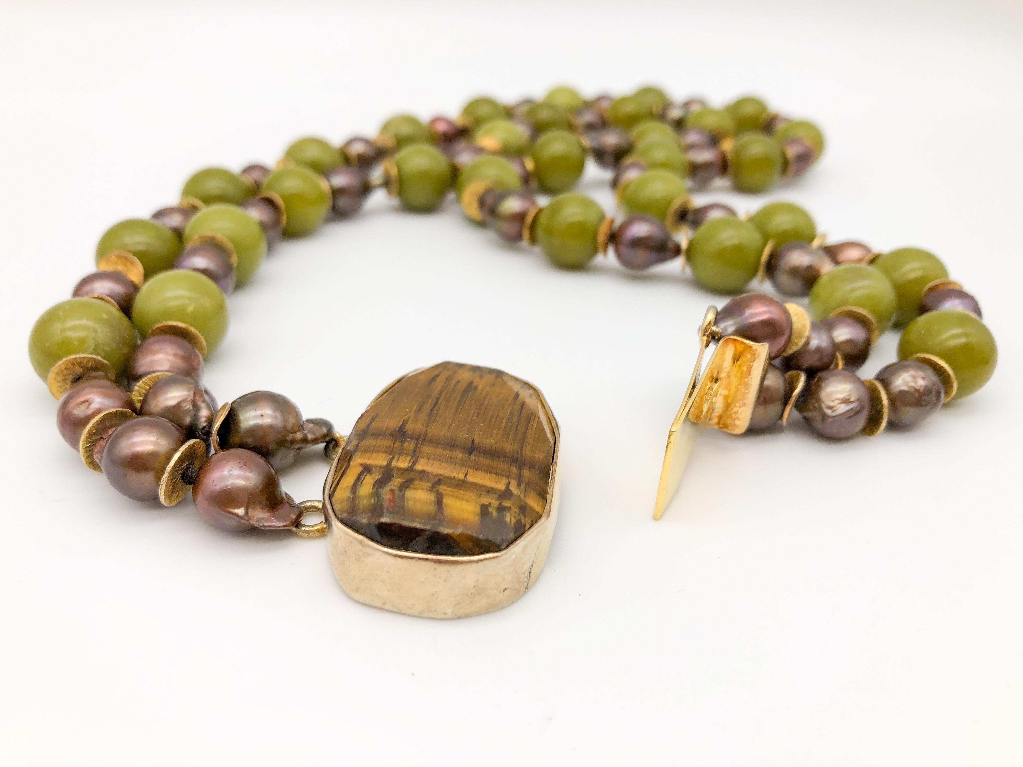 A.Jeschel Signature Tiger's eye clasp and Olive jade Necklace 2