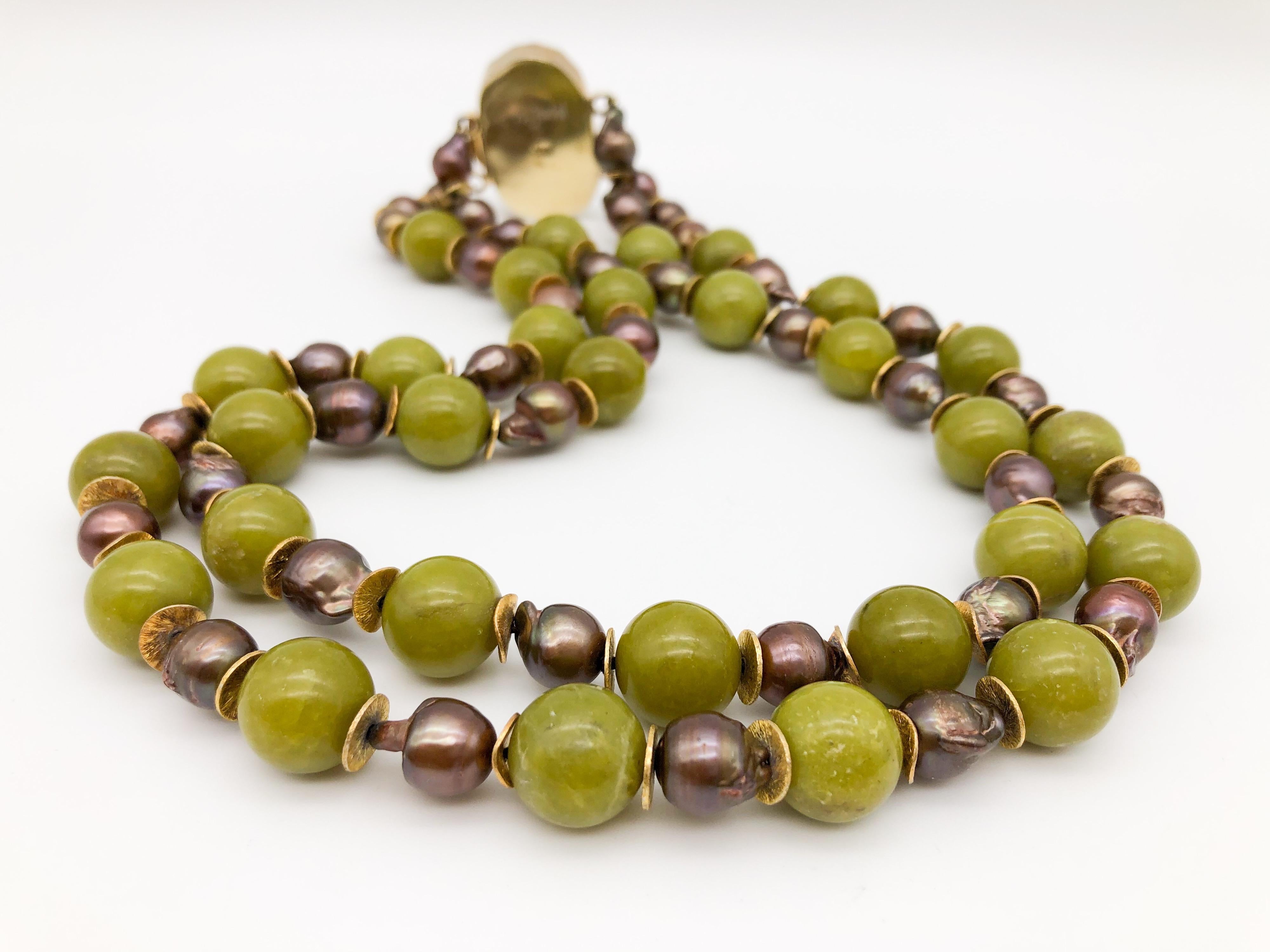 A.Jeschel Signature Tiger's eye clasp and Olive jade Necklace 3
