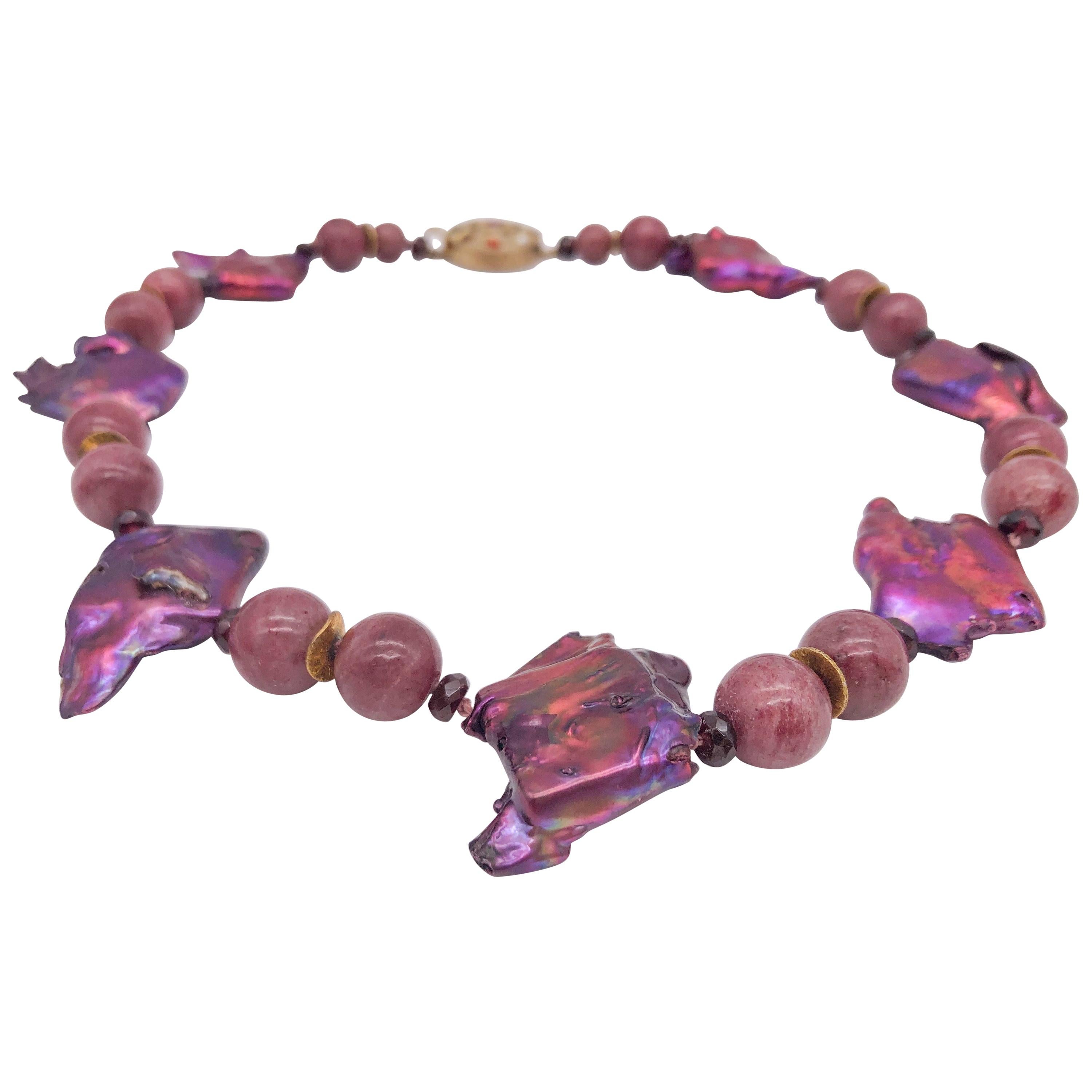 A.Jeschel Single strand Zoisite, garnet and baroque pearls.