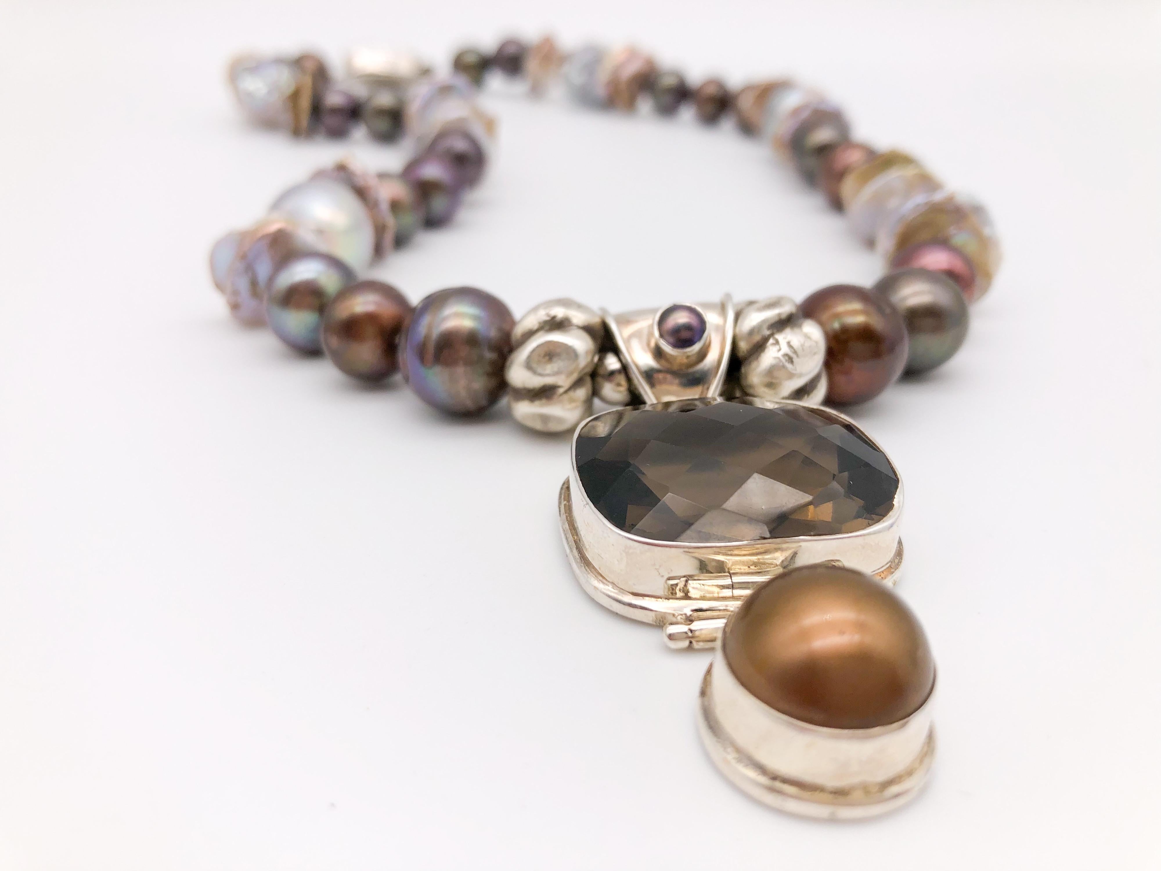 Mixed Cut A.Jeschel Smoky Quartz necklace and chocolate Pearl pendant