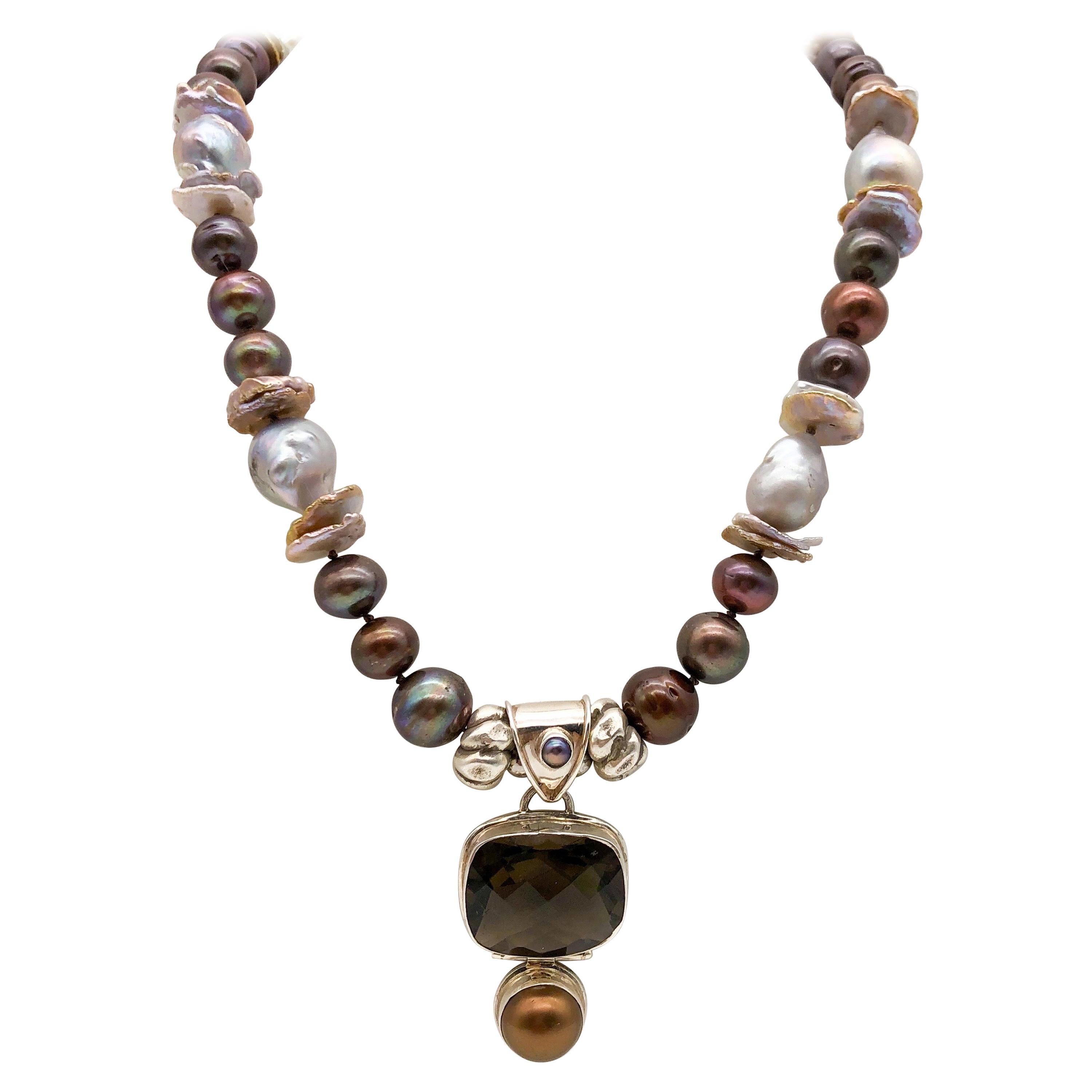 A.Jeschel Smoky Quartz necklace and chocolate Pearl pendant