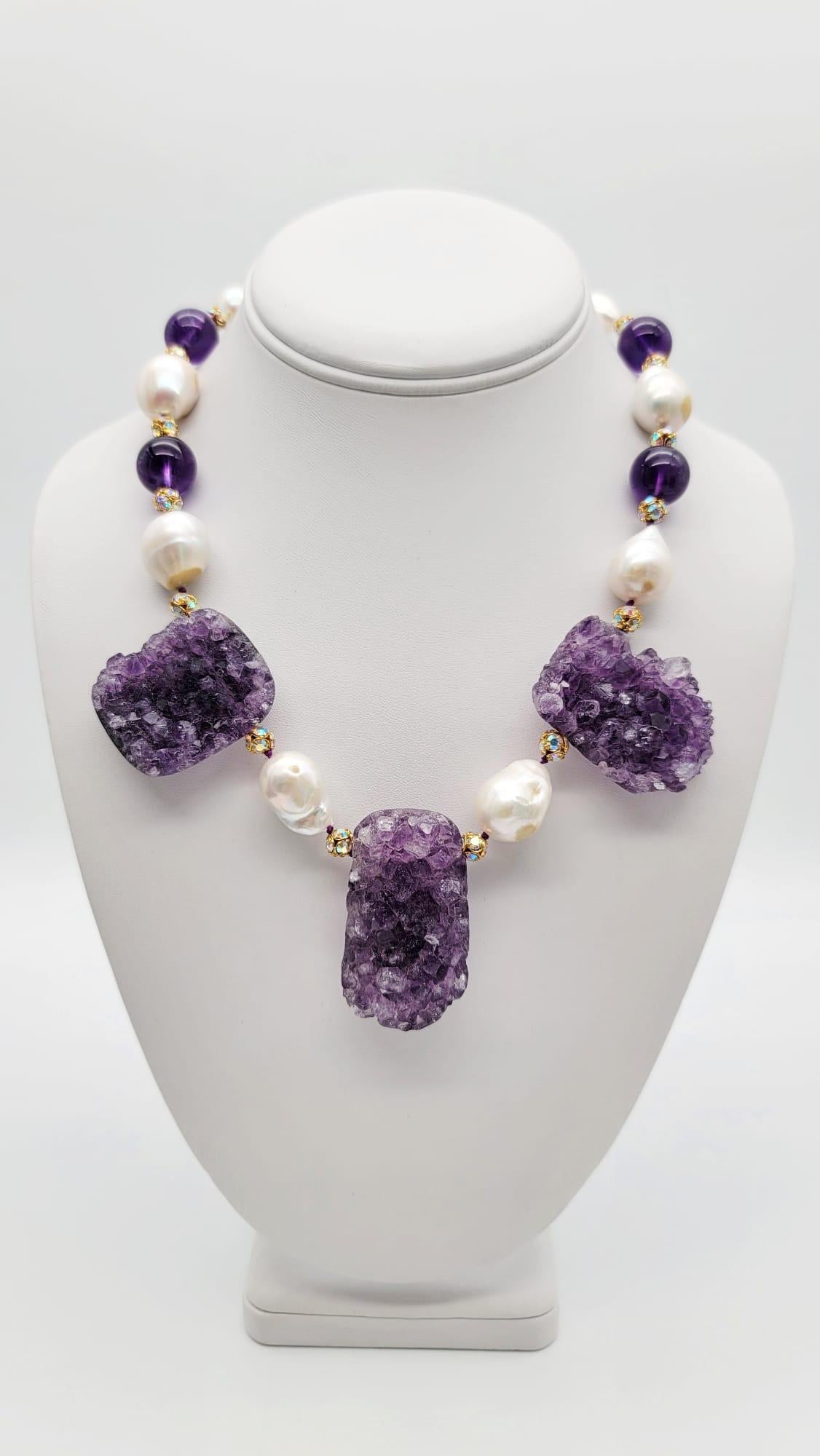 Mixed Cut A.Jeschel Spectacular Amethyst Geodes and Baroque Pearl Necklace For Sale