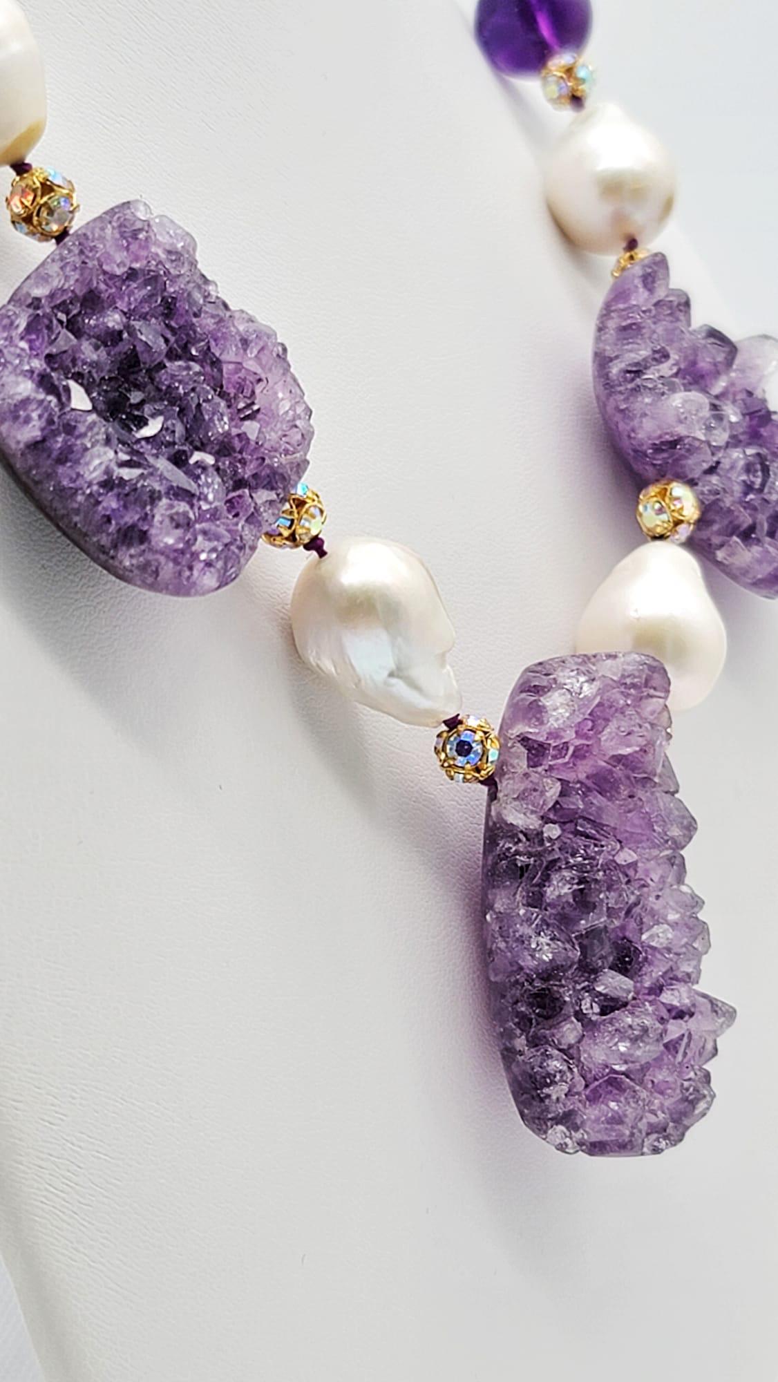 A.Jeschel Spectacular Amethyst Geodes and Baroque Pearl Necklace For Sale