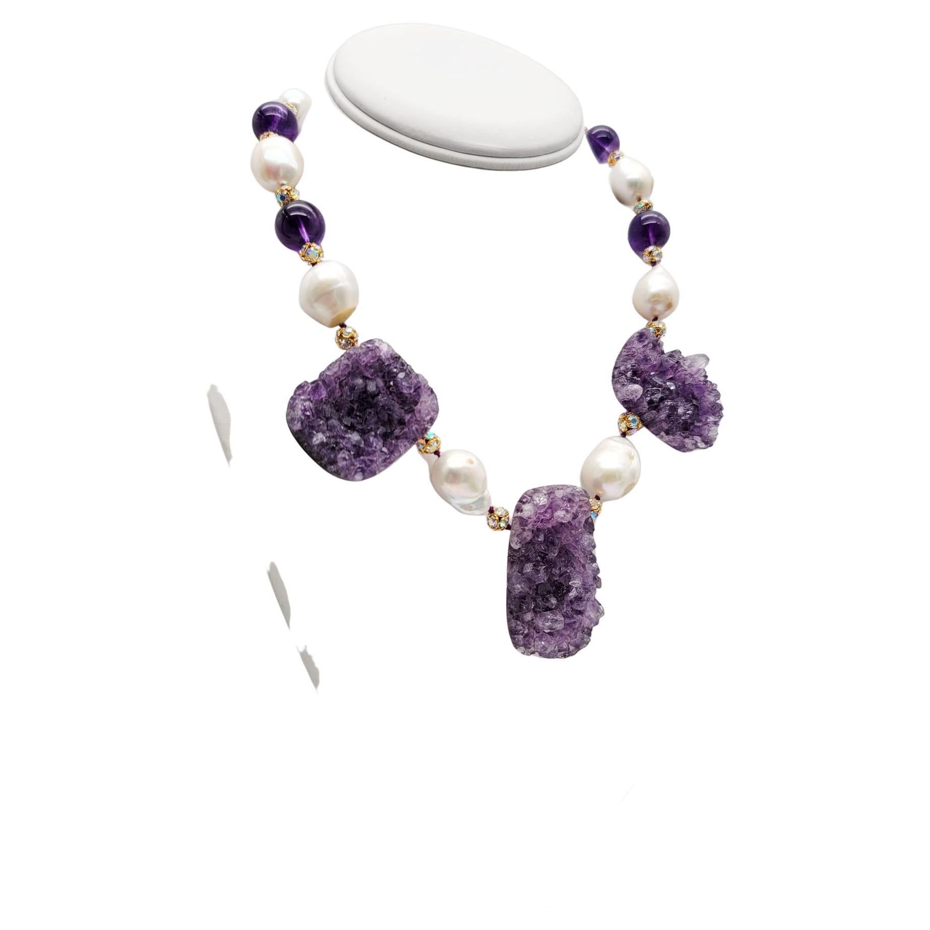 Contemporary A.Jeschel Spectacular Amethyst Geodes and Baroque Pearl Necklace For Sale