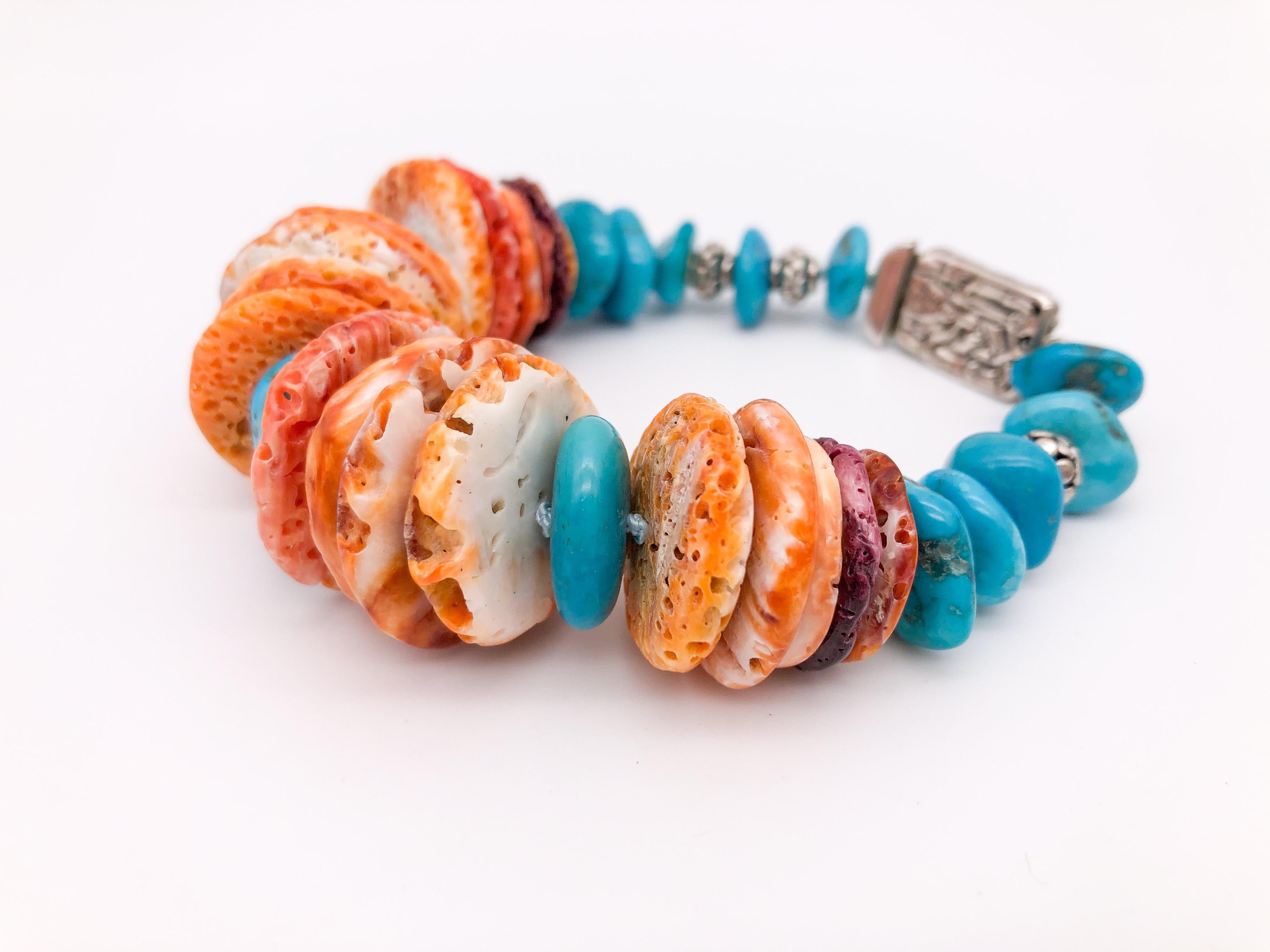 Contemporary A.Jeschel Spiney Shell Oyster and Turquoise bracelet For Sale
