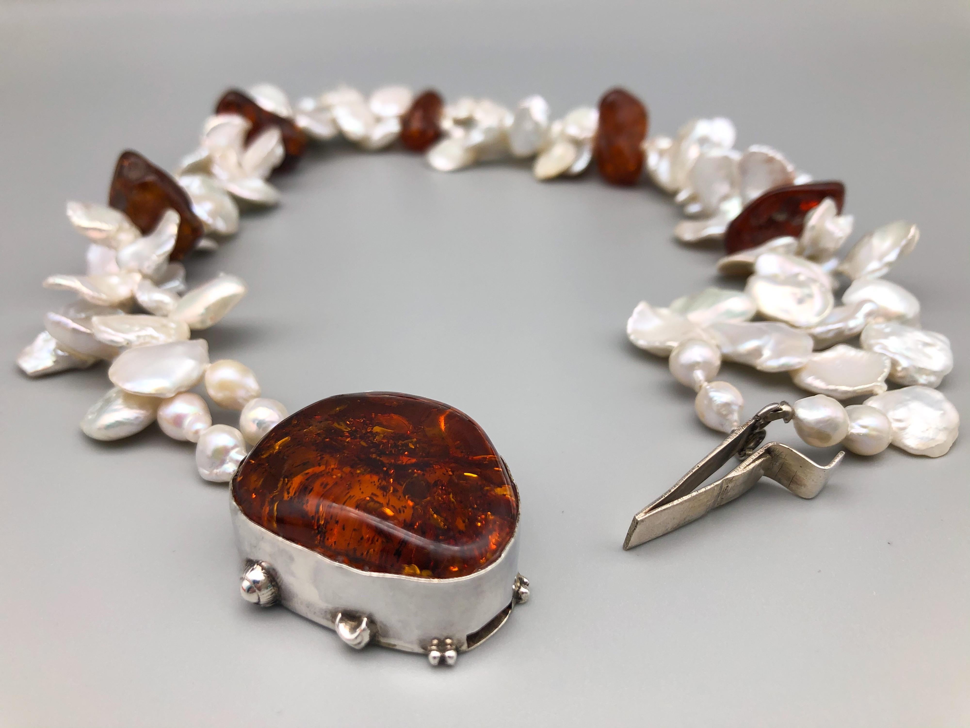 A.Jeschel Splendid Keshi Pearls and Amber Necklace. For Sale 5