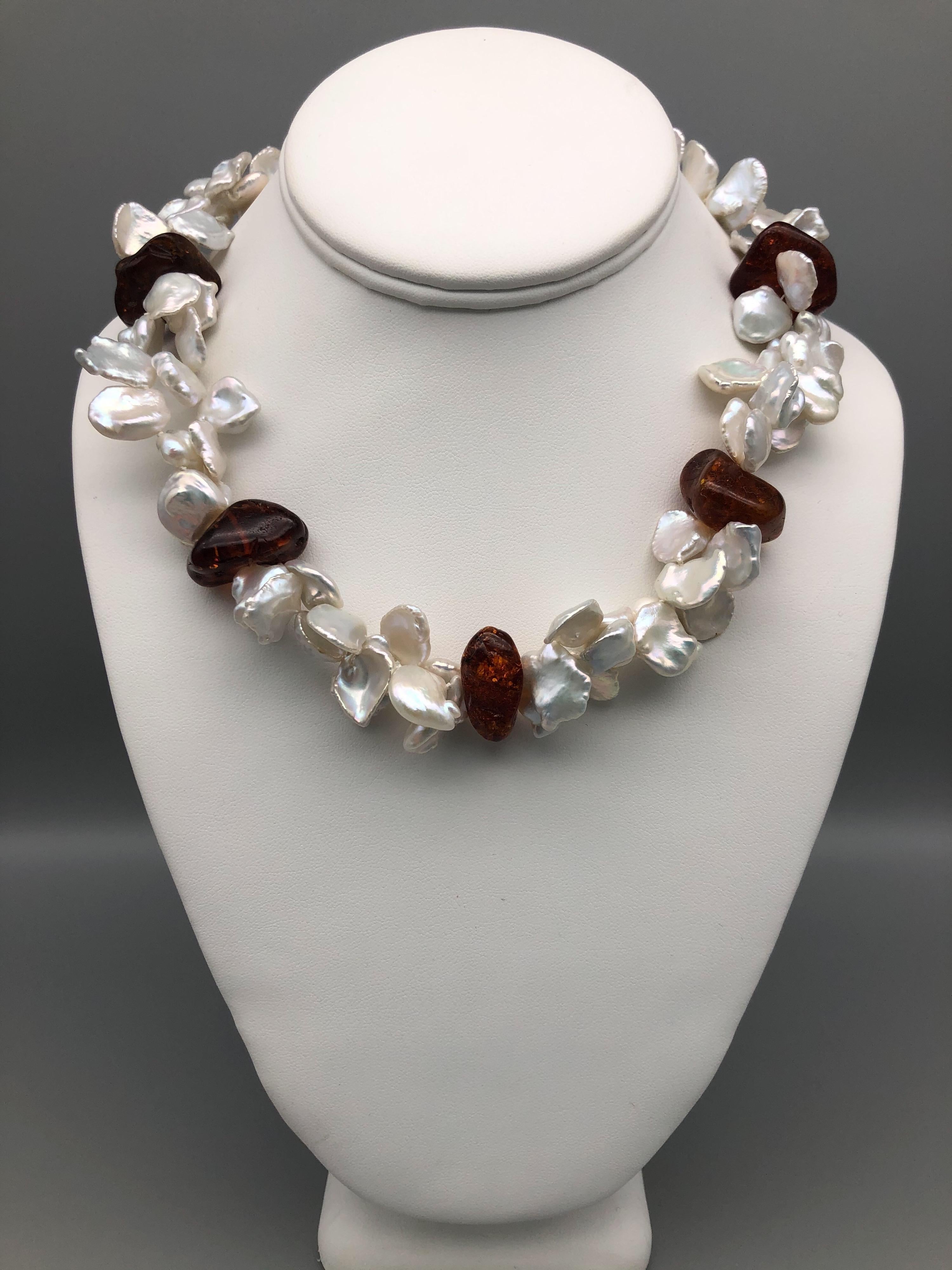 Contemporary A.Jeschel Splendid Keshi Pearls and Amber Necklace. For Sale