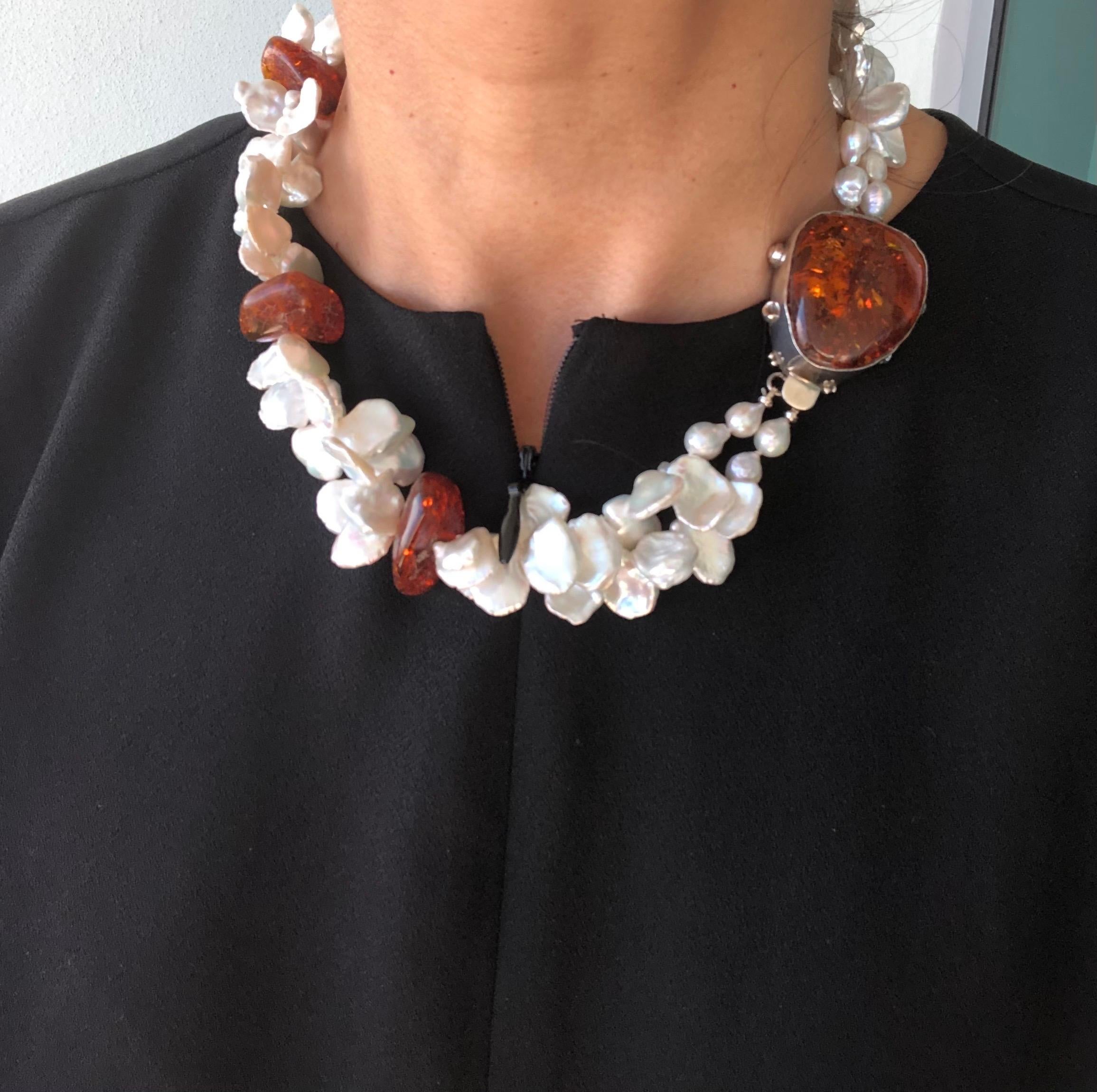 A.Jeschel Splendid Keshi Pearls and Amber Necklace. In New Condition For Sale In Miami, FL