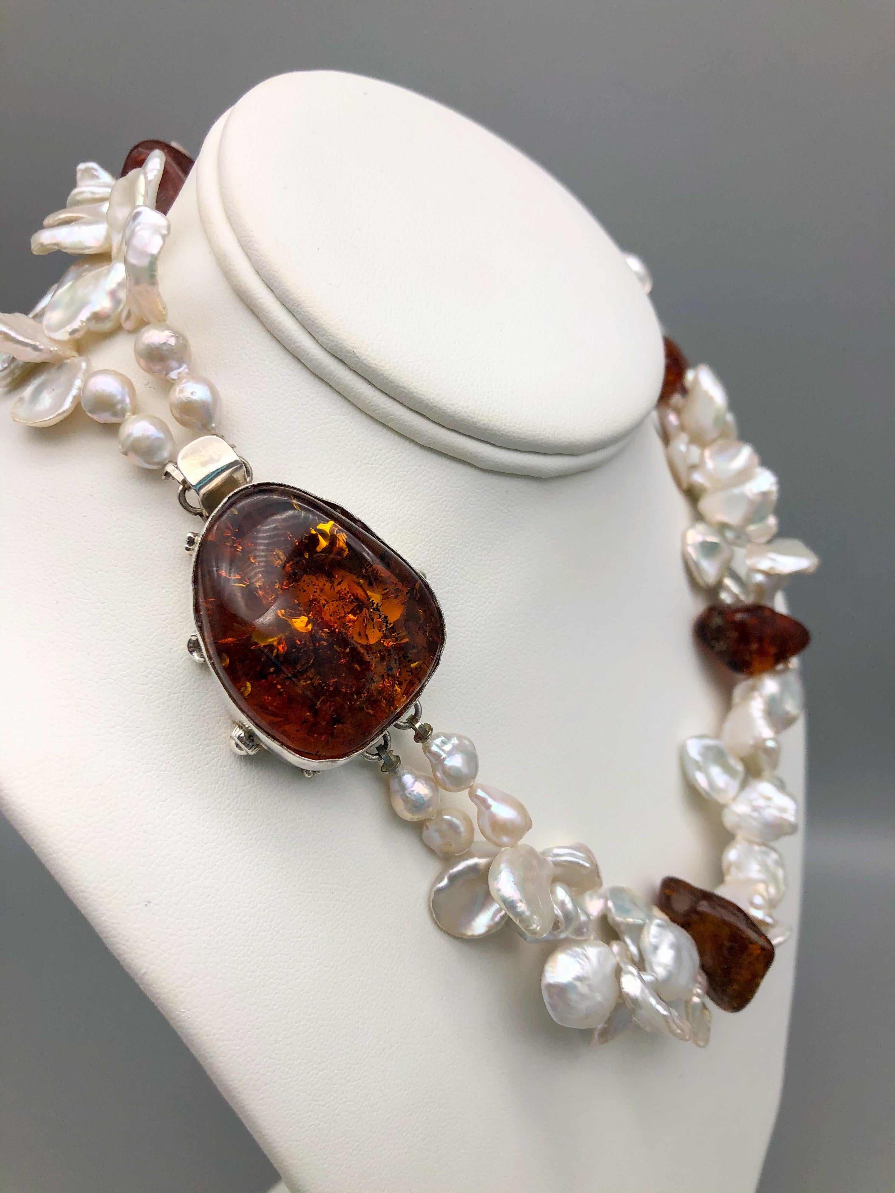 Women's or Men's A.Jeschel Splendid Keshi Pearls and Amber Necklace. For Sale