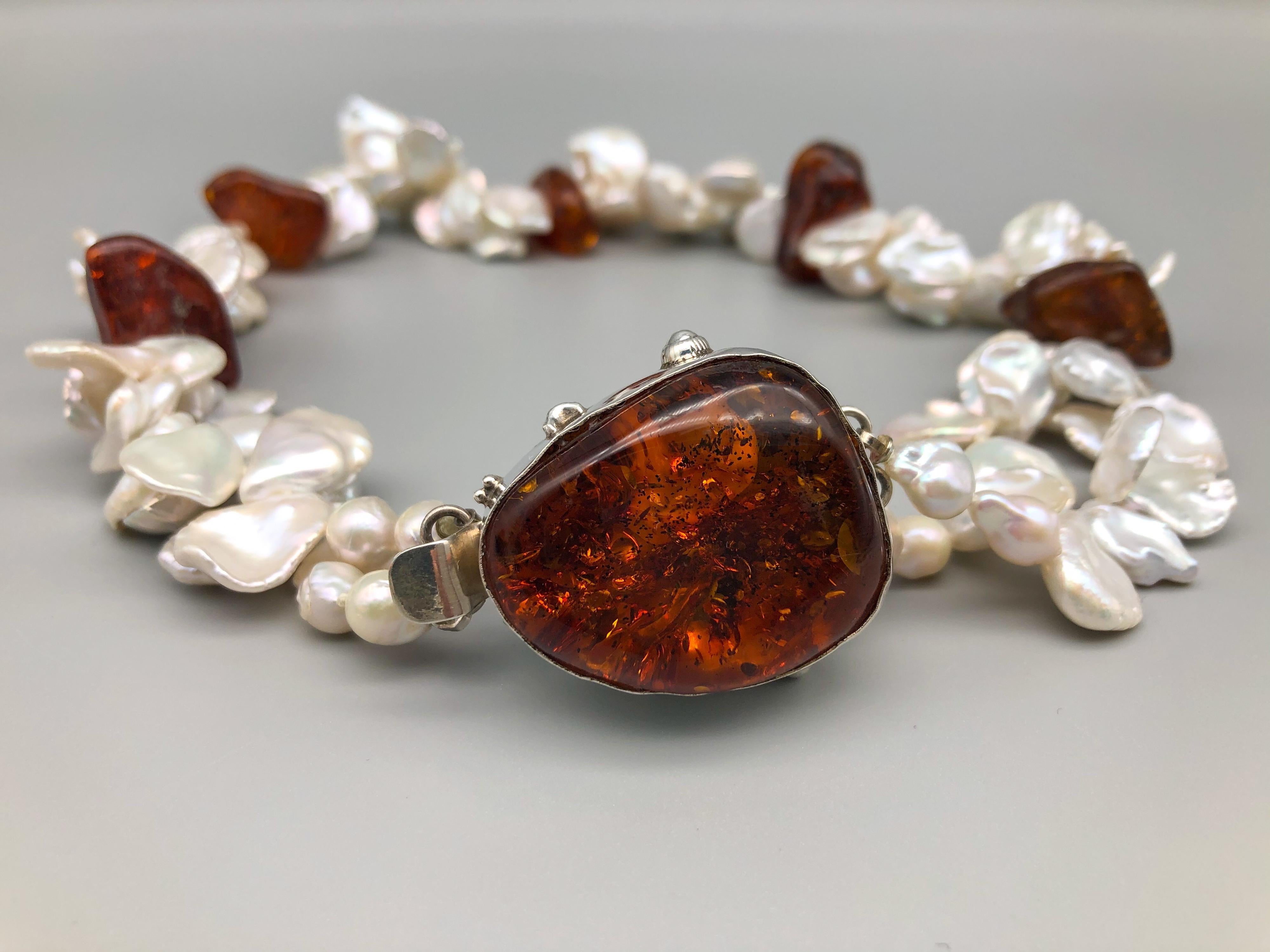 A.Jeschel Splendid Keshi Pearls and Amber Necklace. For Sale 3