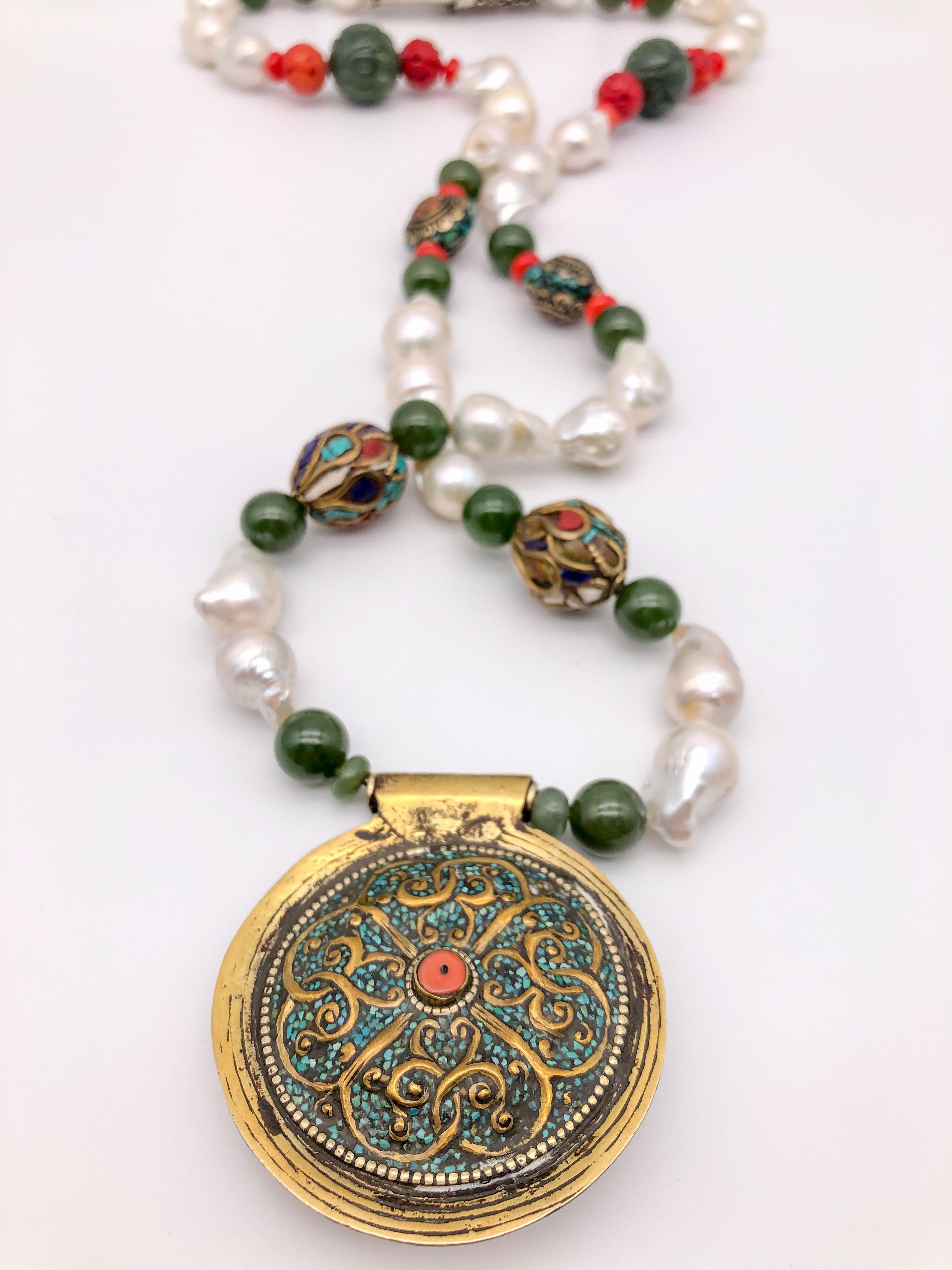 A.Jeschel Splendid Tibetan Pendant on Lustrous Baroque Pearl Necklace For Sale 3