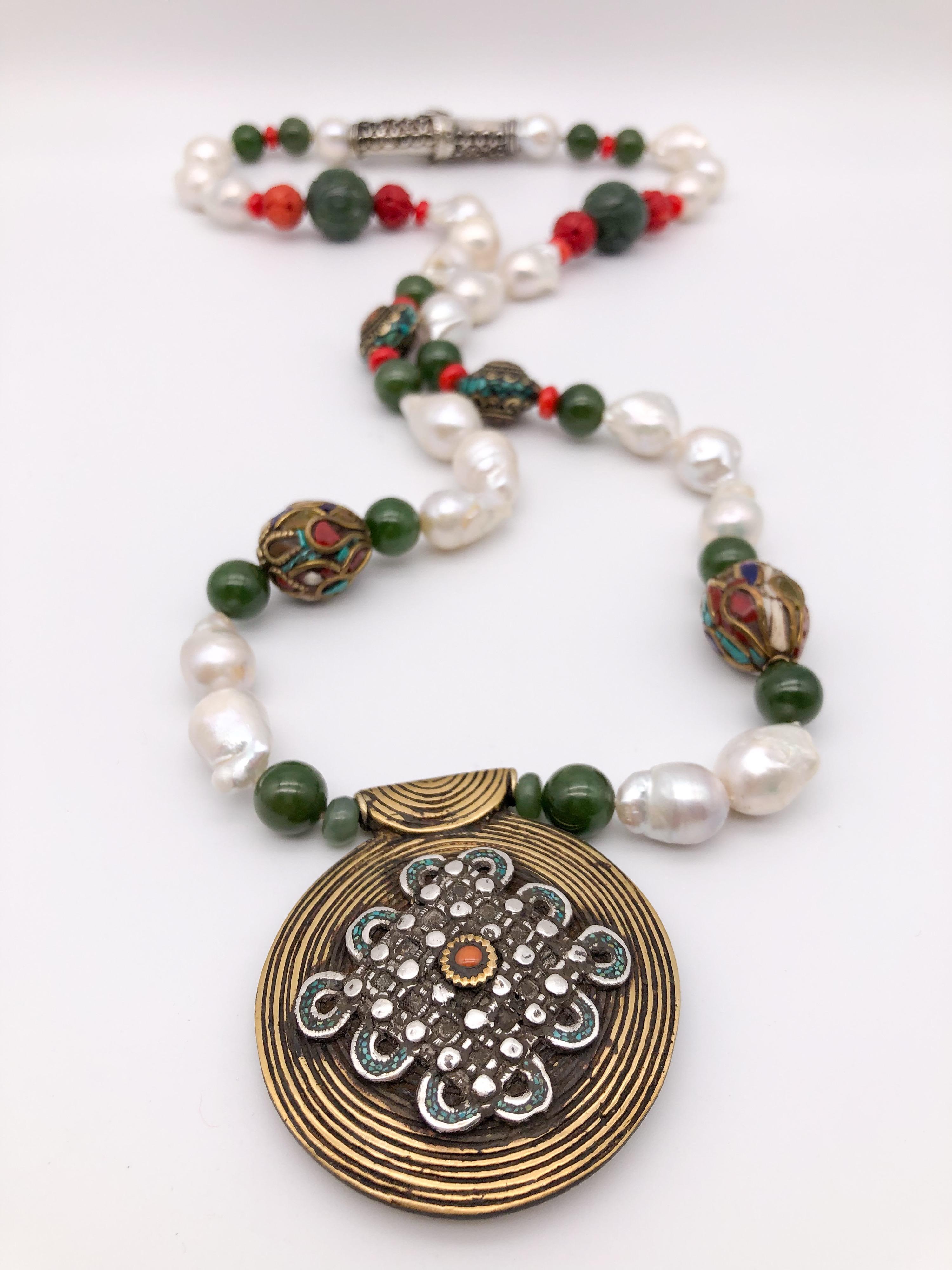 A.Jeschel Splendid Tibetan Pendant on Lustrous Baroque Pearl Necklace For Sale 4