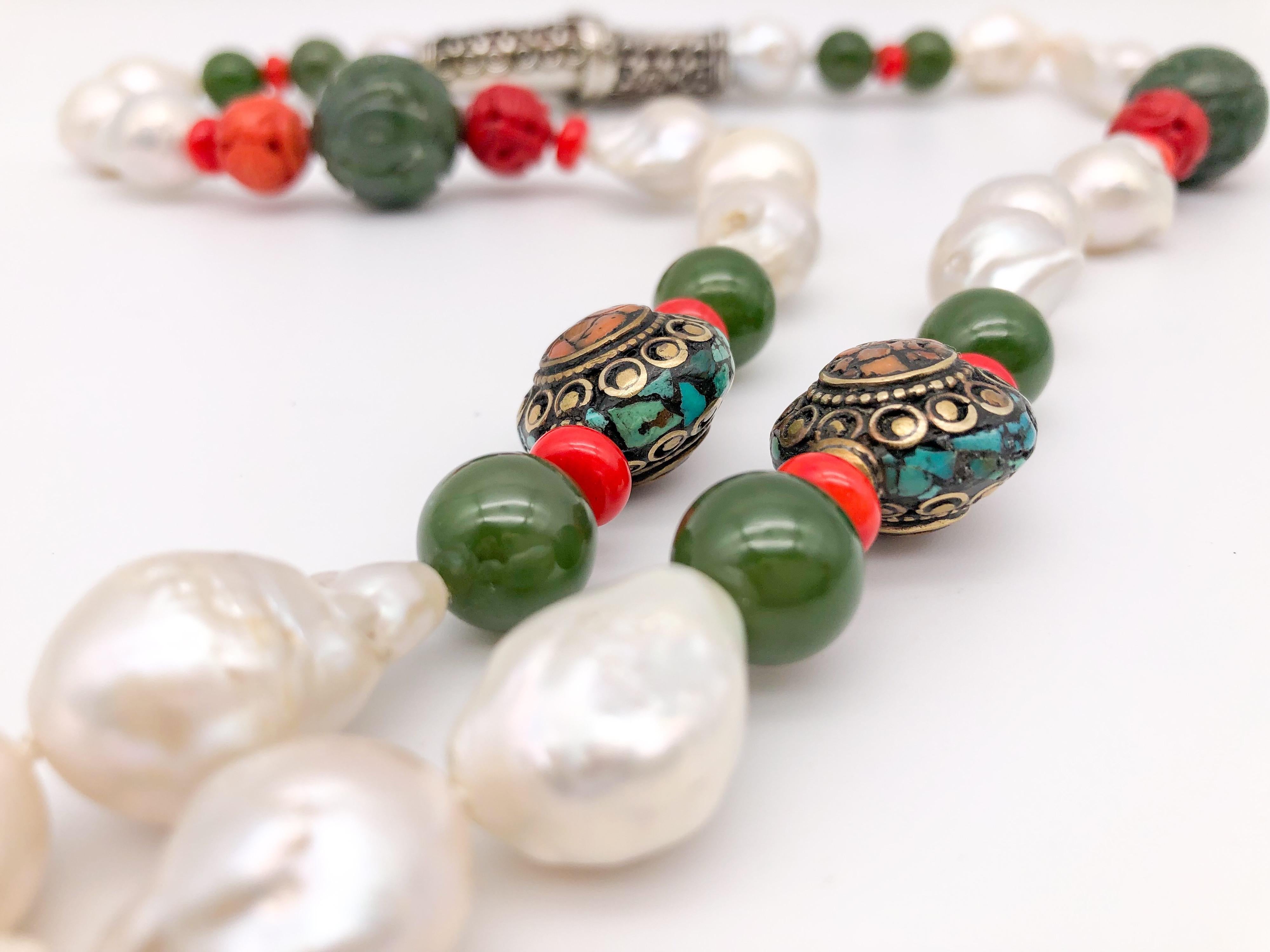 A.Jeschel Splendid Tibetan Pendant on Lustrous Baroque Pearl Necklace For Sale 5