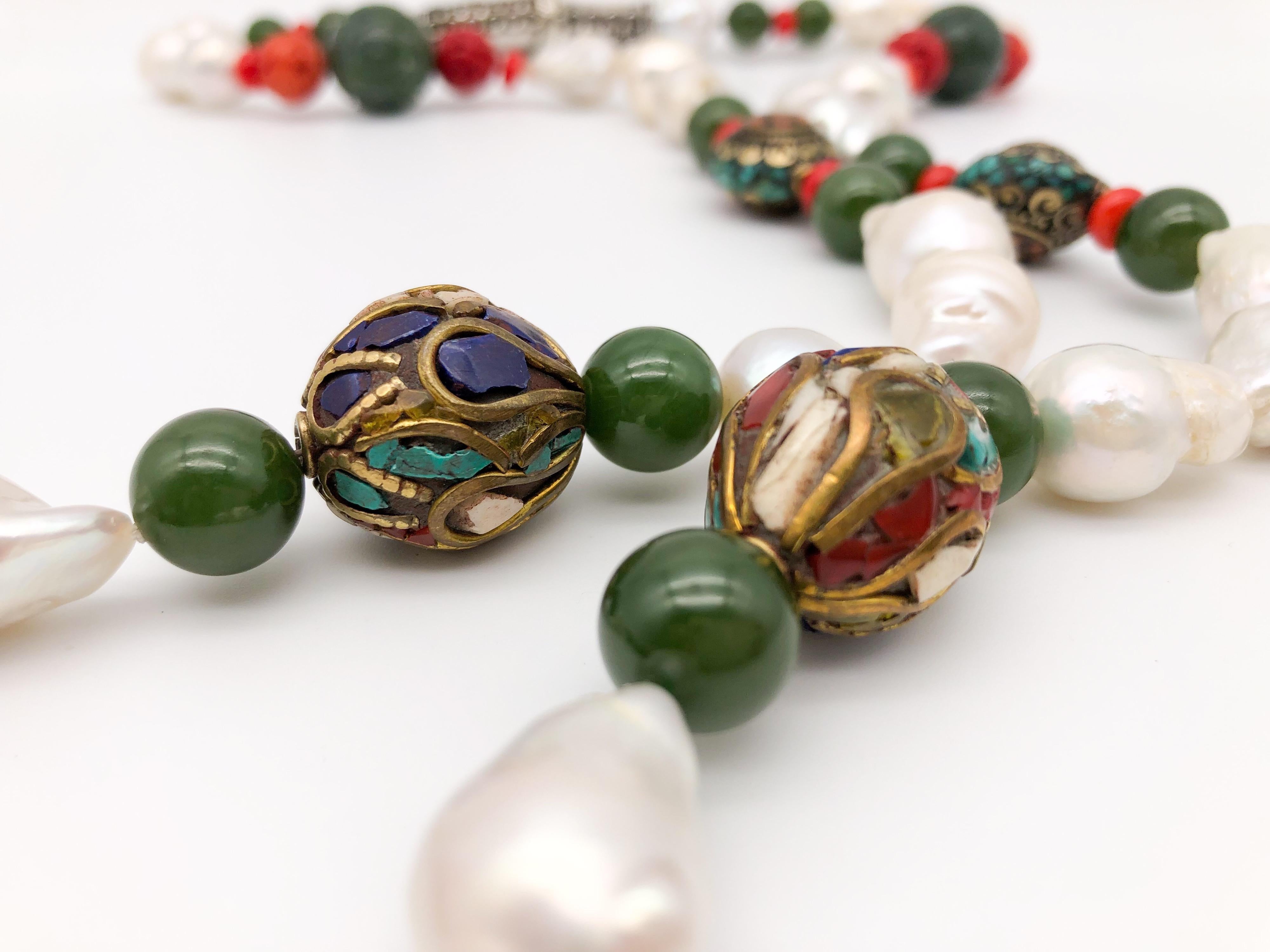 A.Jeschel Splendid Tibetan Pendant on Lustrous Baroque Pearl Necklace For Sale 6