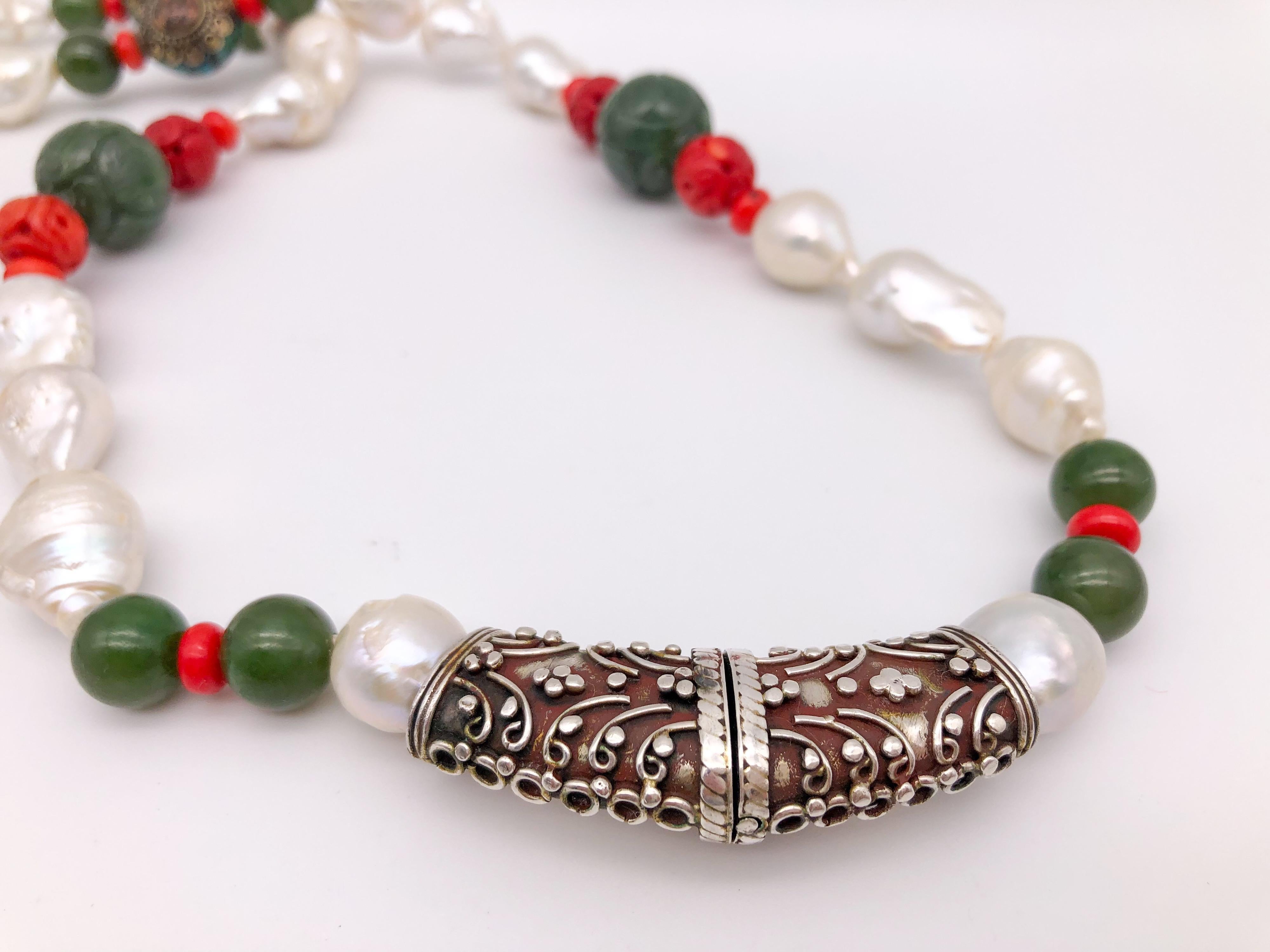 A.Jeschel Splendid Tibetan Pendant on Lustrous Baroque Pearl Necklace For Sale 9