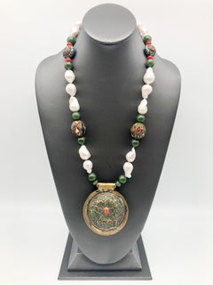A.Jeschel Splendid Tibetan Pendant on Lustrous Baroque Pearl Necklace