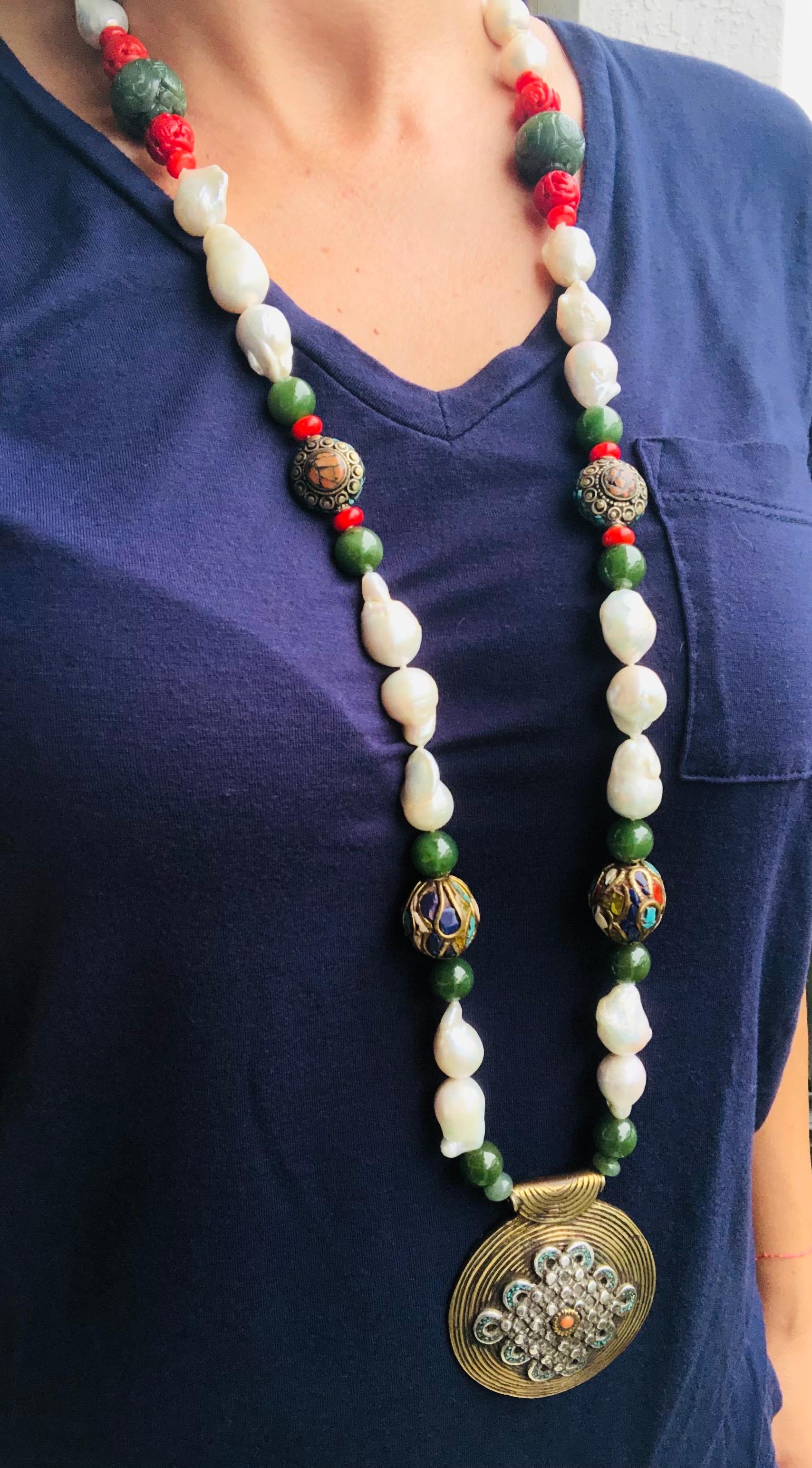 A.Jeschel Splendid Tibetan Pendant on Lustrous Baroque Pearl Necklace For Sale 13
