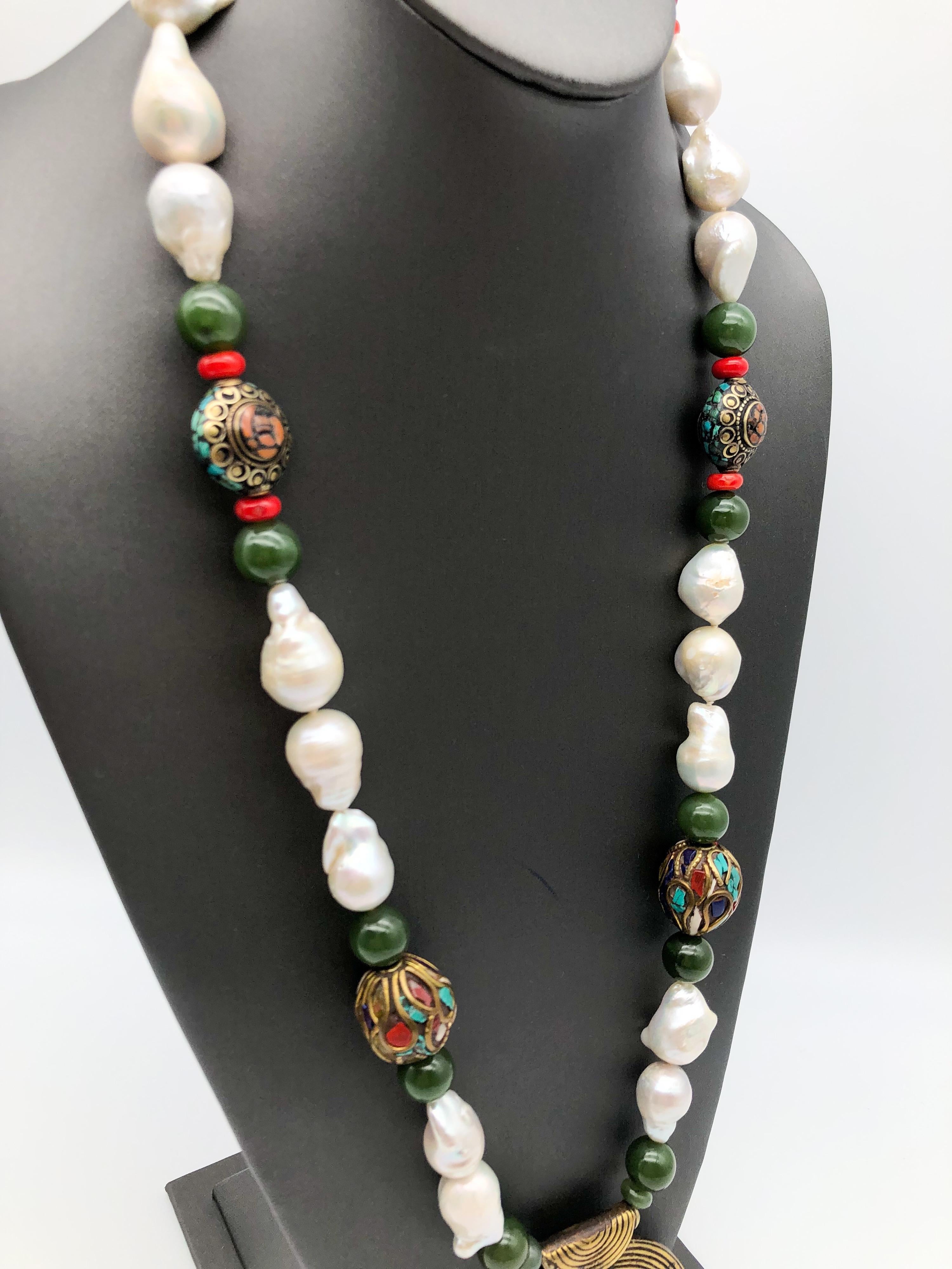 Mixed Cut A.Jeschel Splendid Tibetan Pendant on Lustrous Baroque Pearl Necklace For Sale