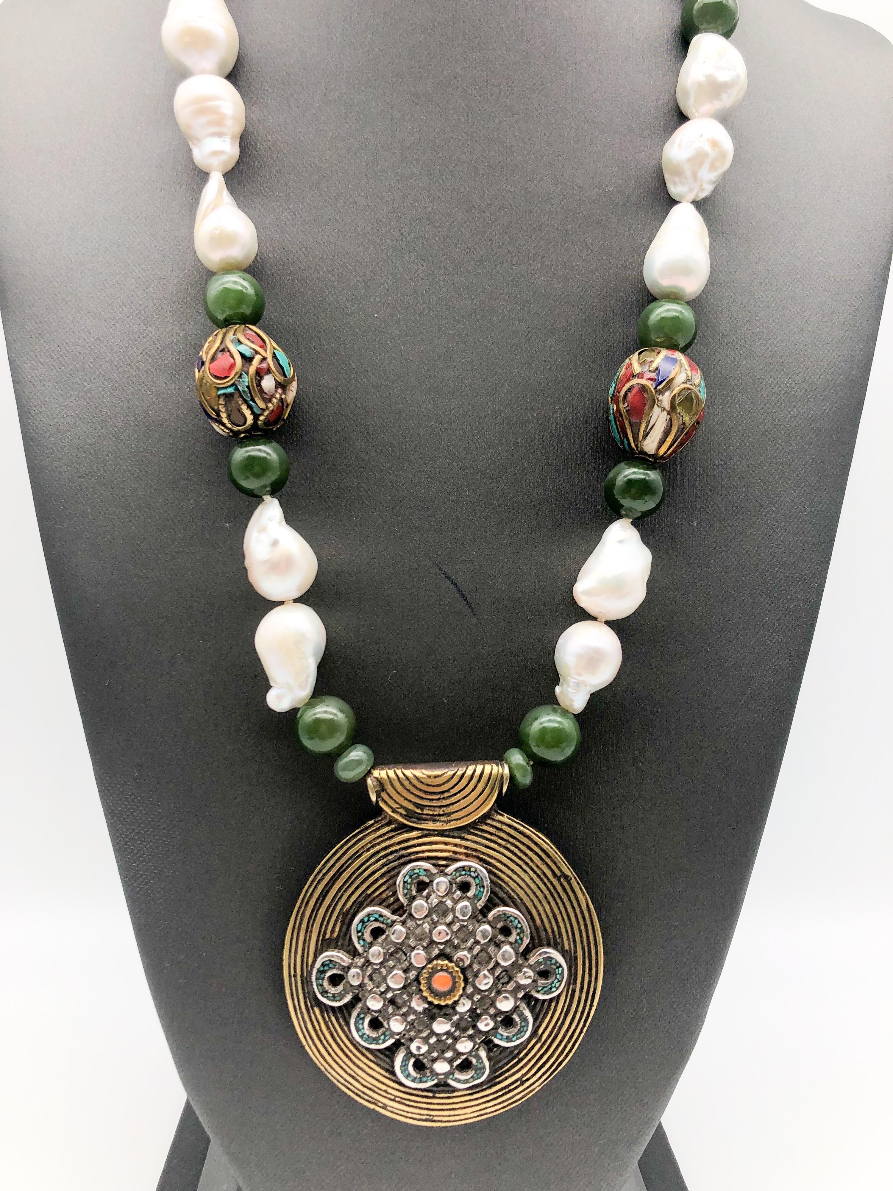 Women's A.Jeschel Splendid Tibetan Pendant on Lustrous Baroque Pearl Necklace For Sale