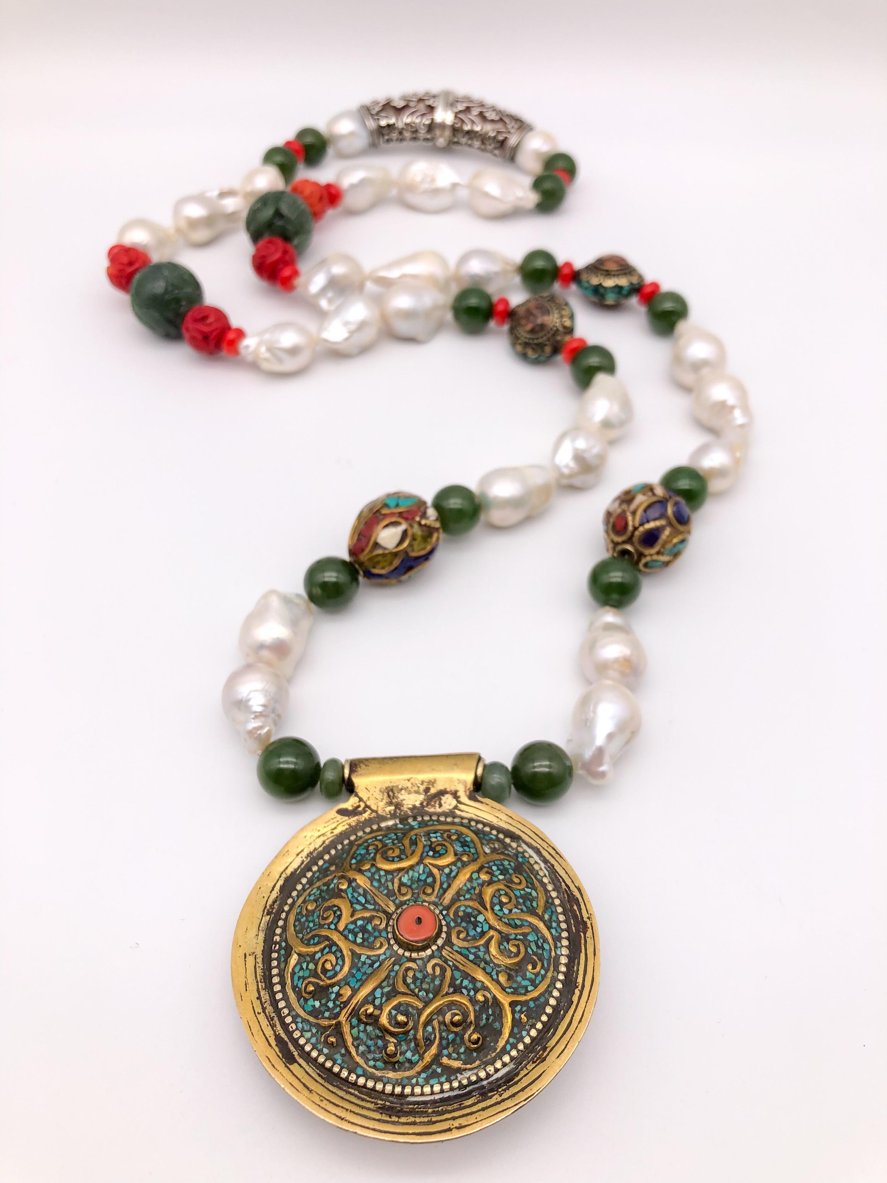 A.Jeschel Splendid Tibetan Pendant on Lustrous Baroque Pearl Necklace For Sale 1