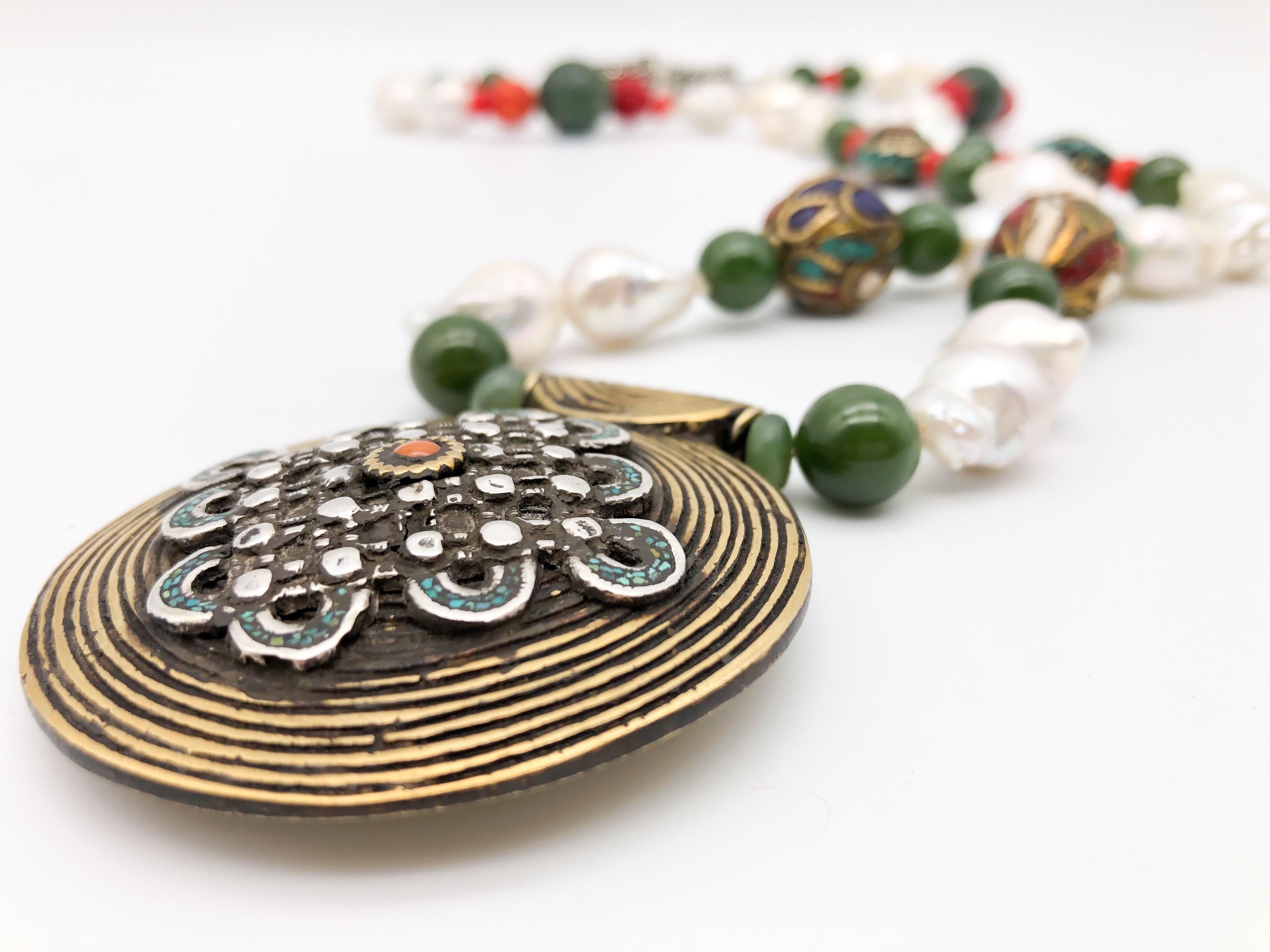 A.Jeschel Splendid Tibetan Pendant on Lustrous Baroque Pearl Necklace For Sale 2