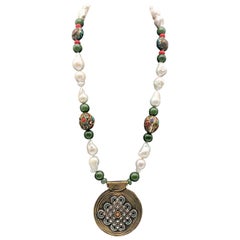 Vintage A.Jeschel Splendid Tibetan Pendant on Lustrous Baroque Pearl Necklace