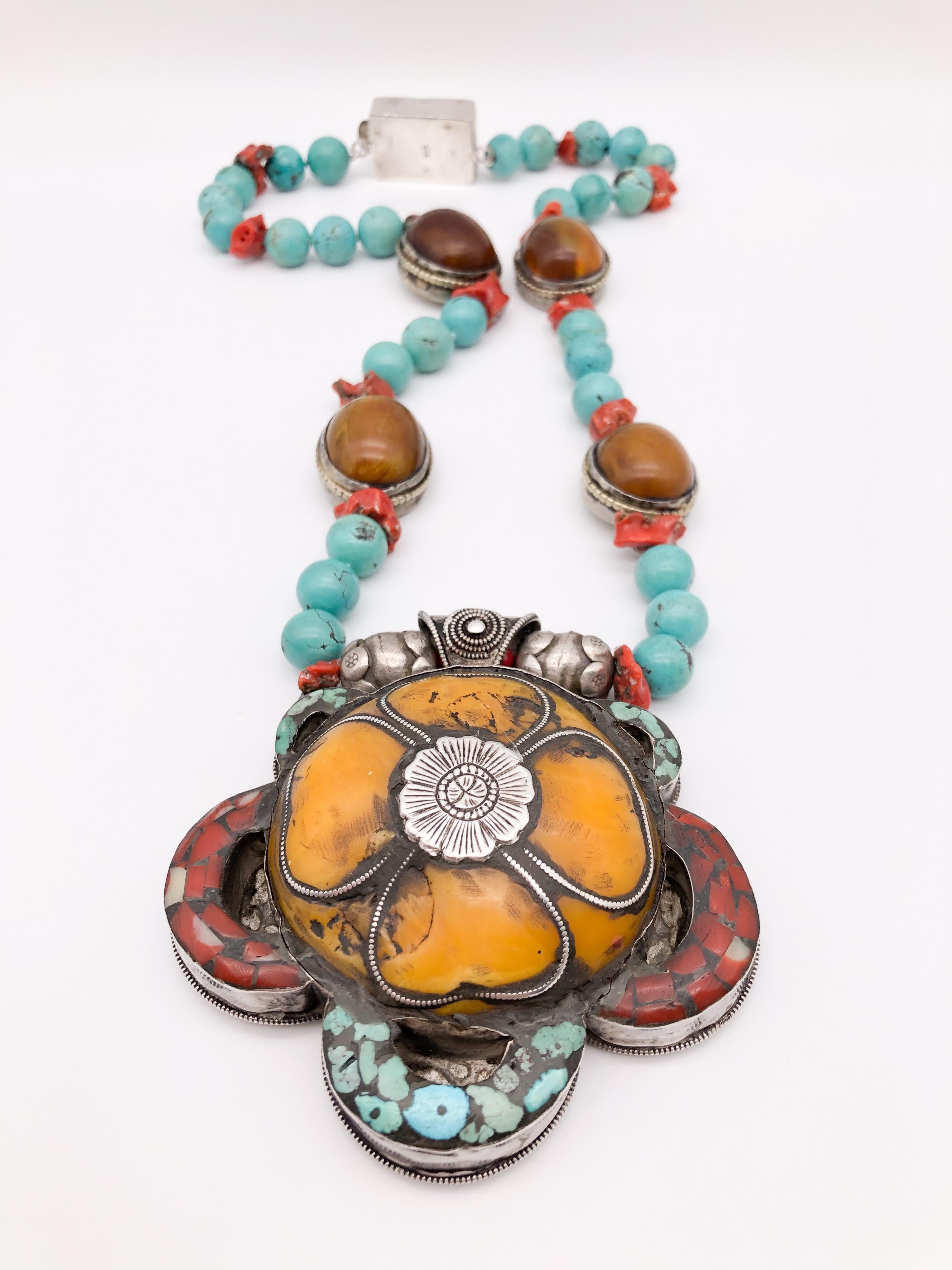 Contemporary A.jeschel Statement and Unique Lotus Flower Tibetan Pendant Amber and Turquoise. For Sale