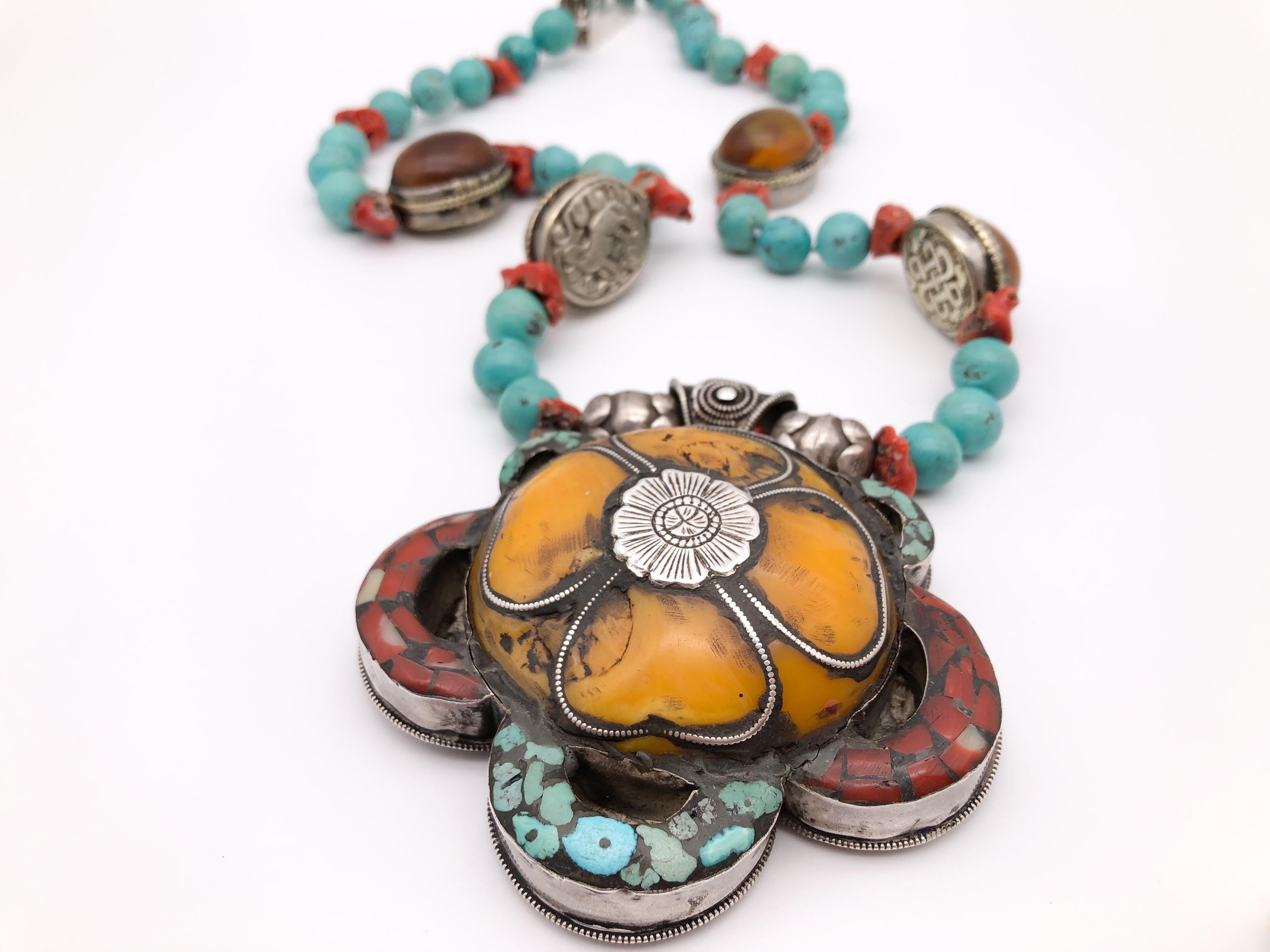 Women's A.jeschel Statement and Unique Lotus Flower Tibetan Pendant Amber and Turquoise. For Sale