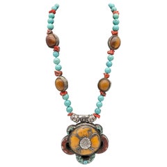 Used A.jeschel Statement and Unique Lotus Flower Tibetan Pendant Amber and Turquoise.