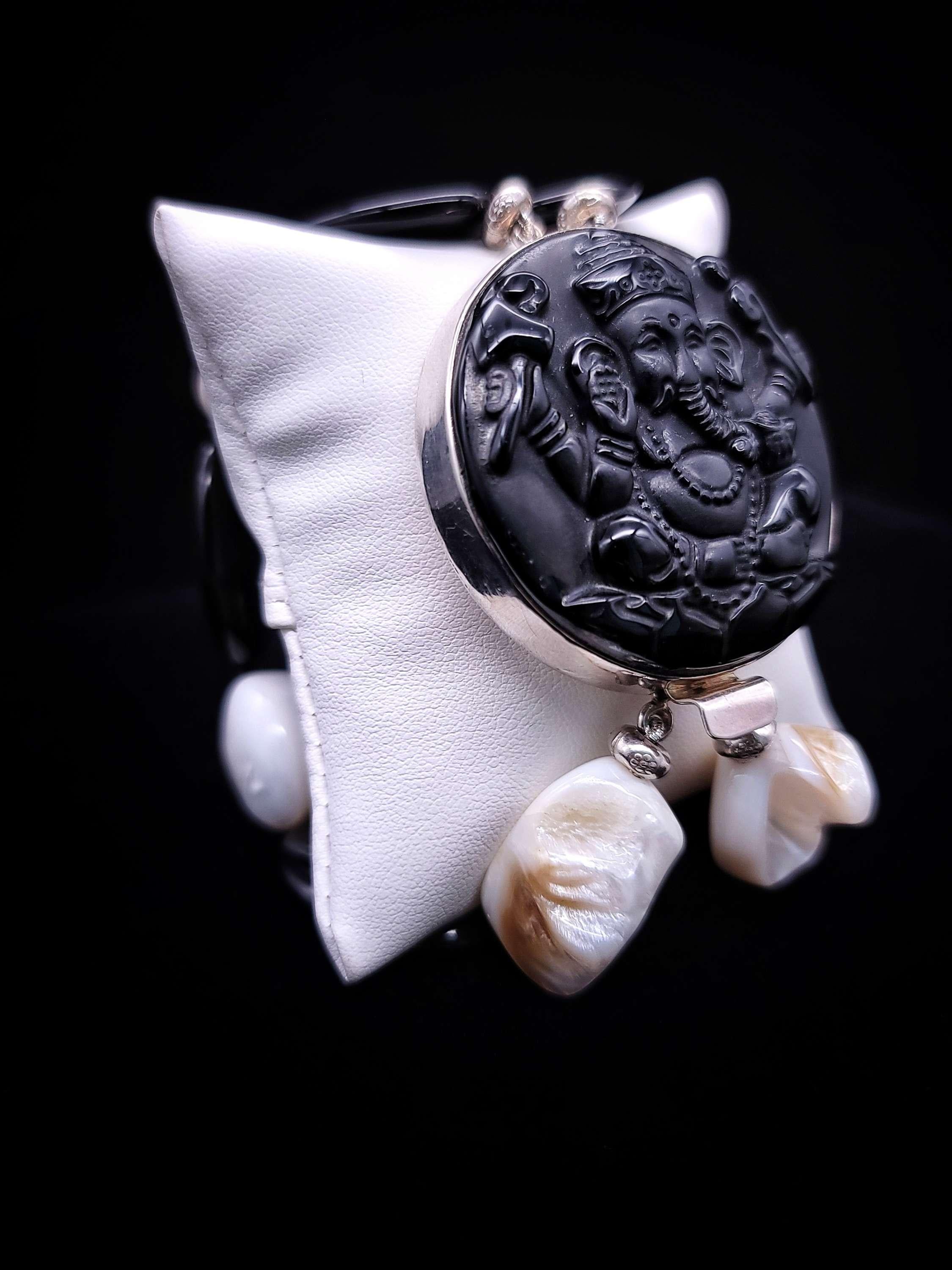 A.Jeschel Statement bold Onyx bracelet with lord Ganesh carved clasp. For Sale 4