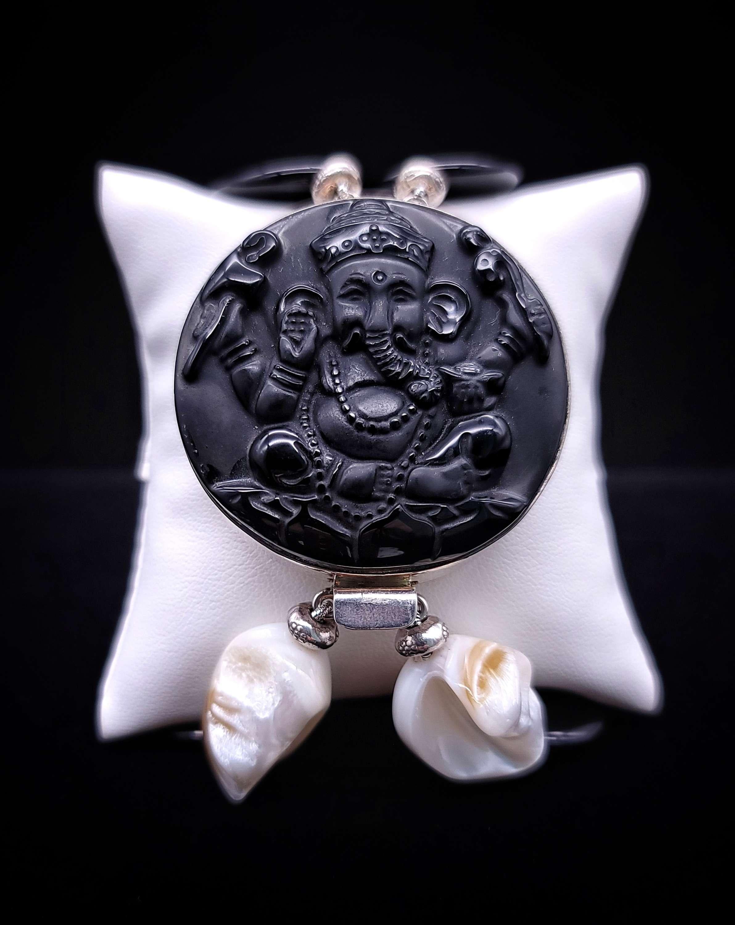 A.Jeschel Statement bold Onyx bracelet with lord Ganesh carved clasp. For Sale 2
